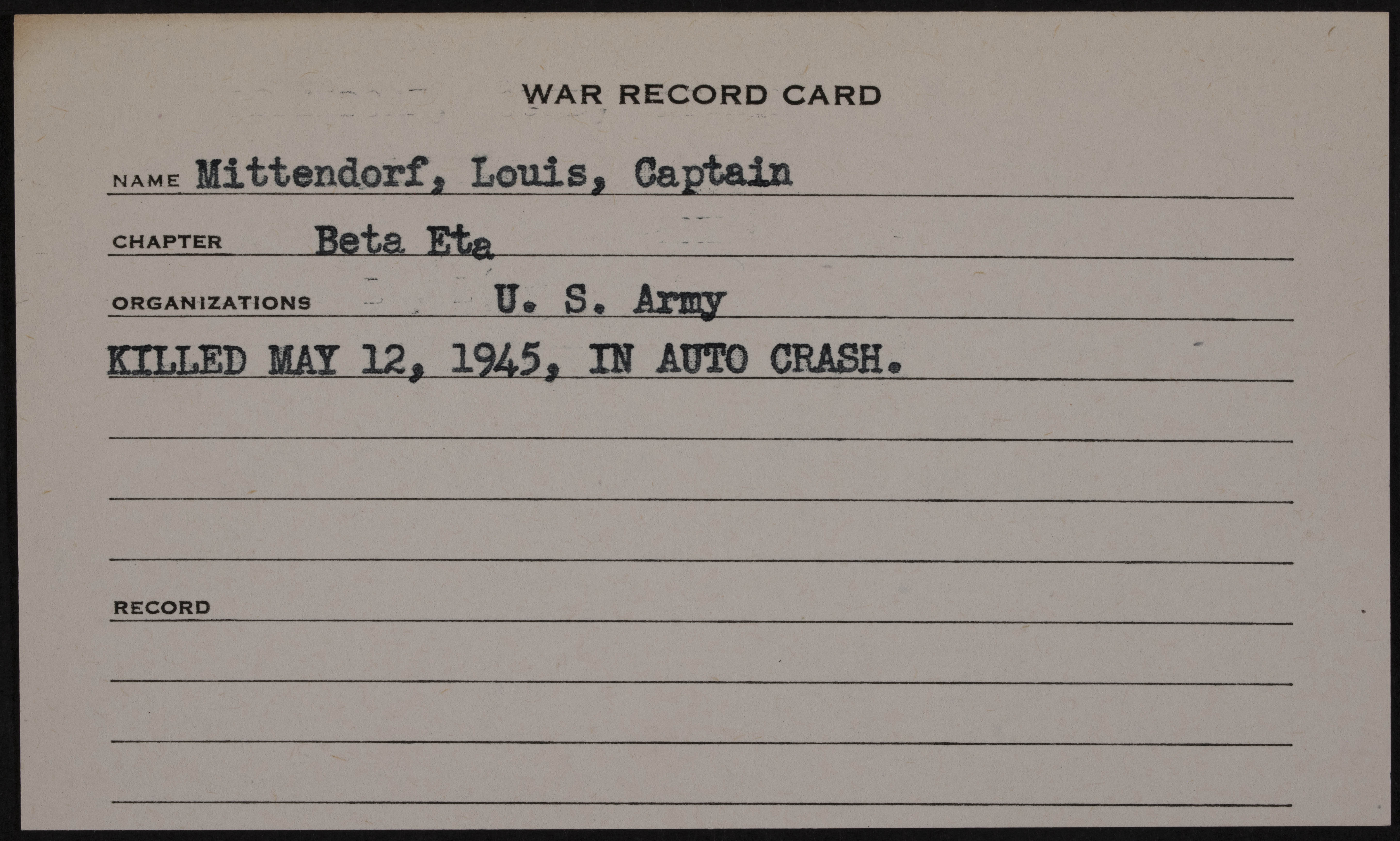 Louis Mittendorf Jr. War Record Card