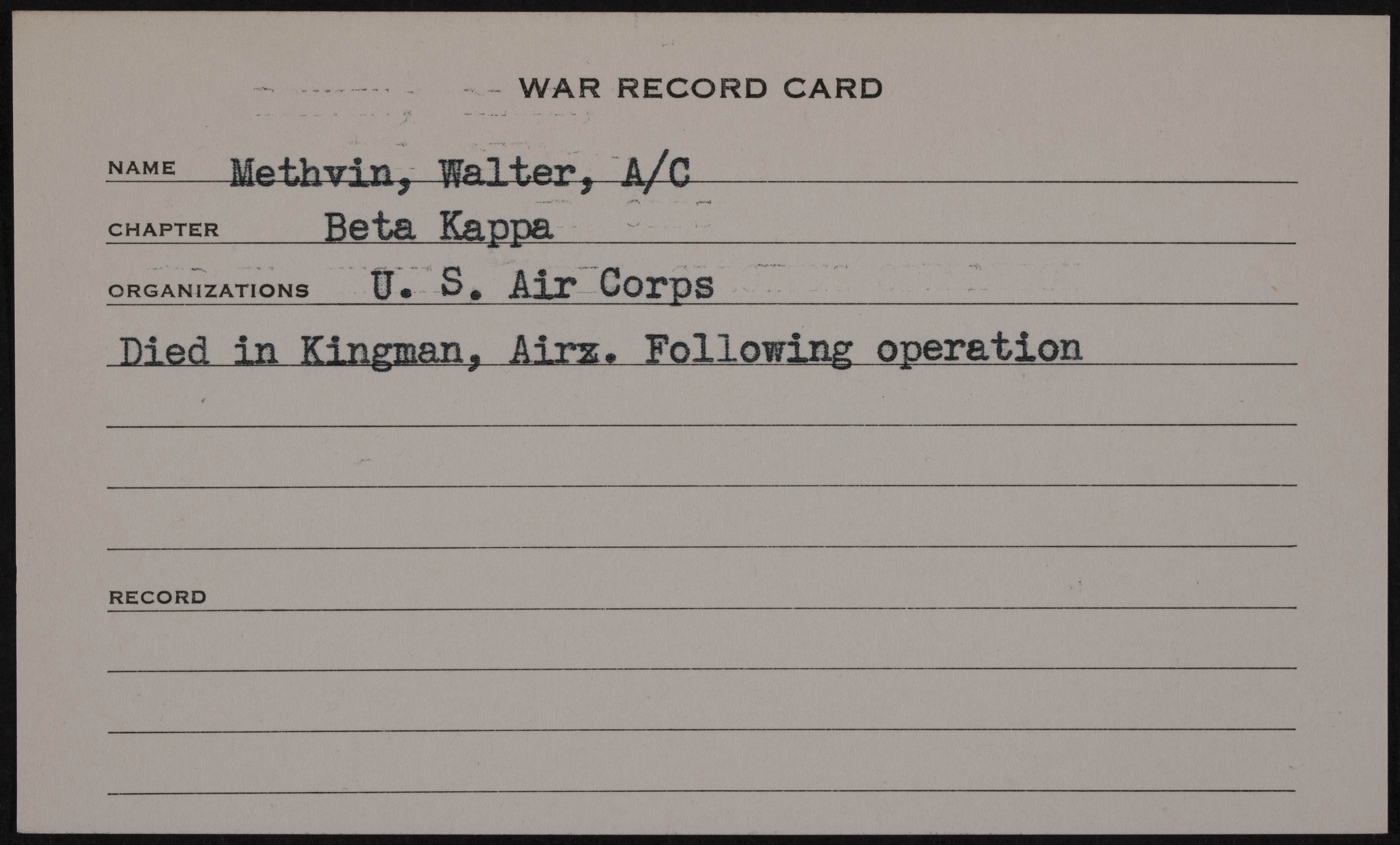 Walter Castello Methvin War Record Card