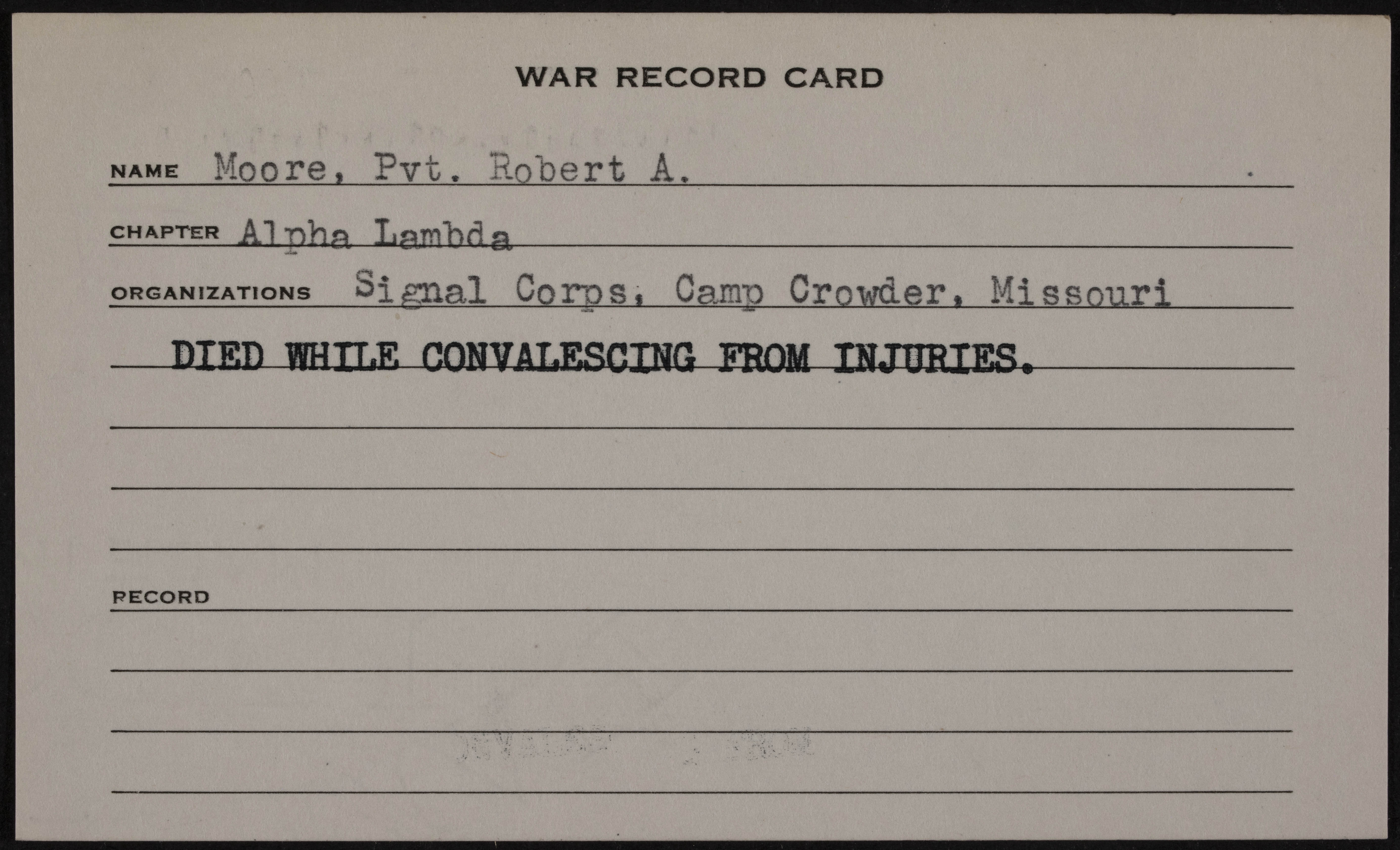 Robert Alexander Moore War Record Card