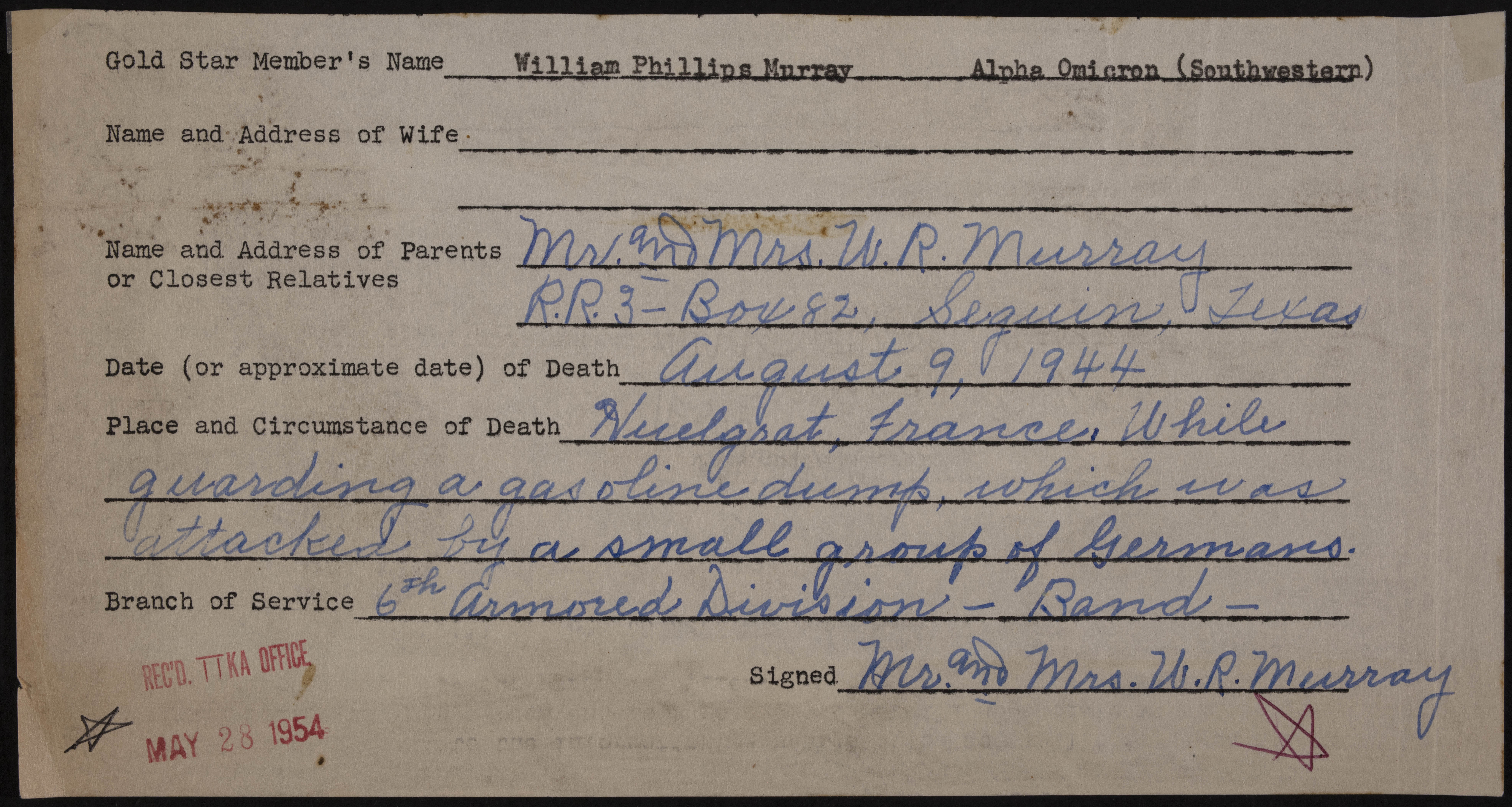 William Phillips Murray War Record Form, May 23, 1954