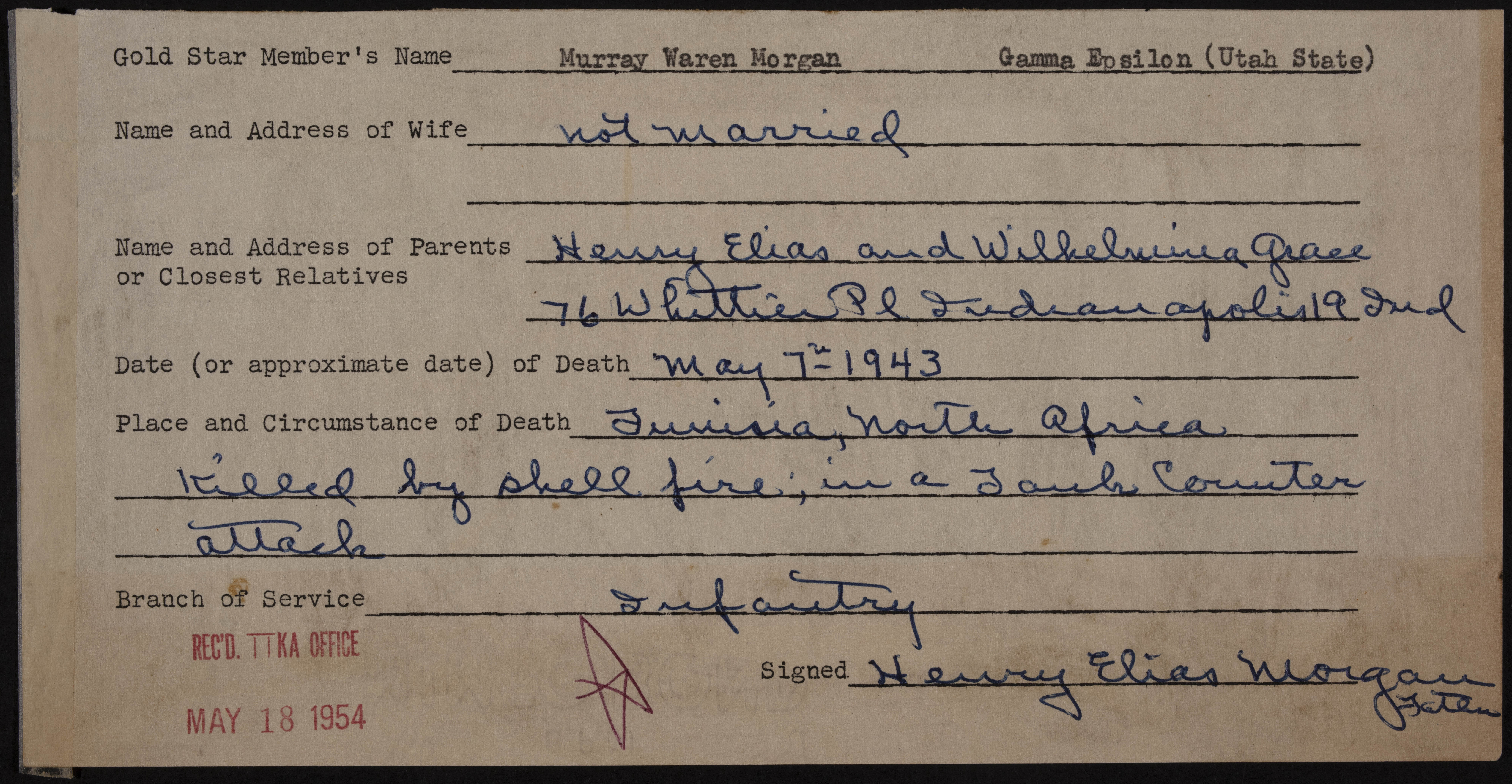 Murray Warren Morgan War Record Form, May 18, 1954