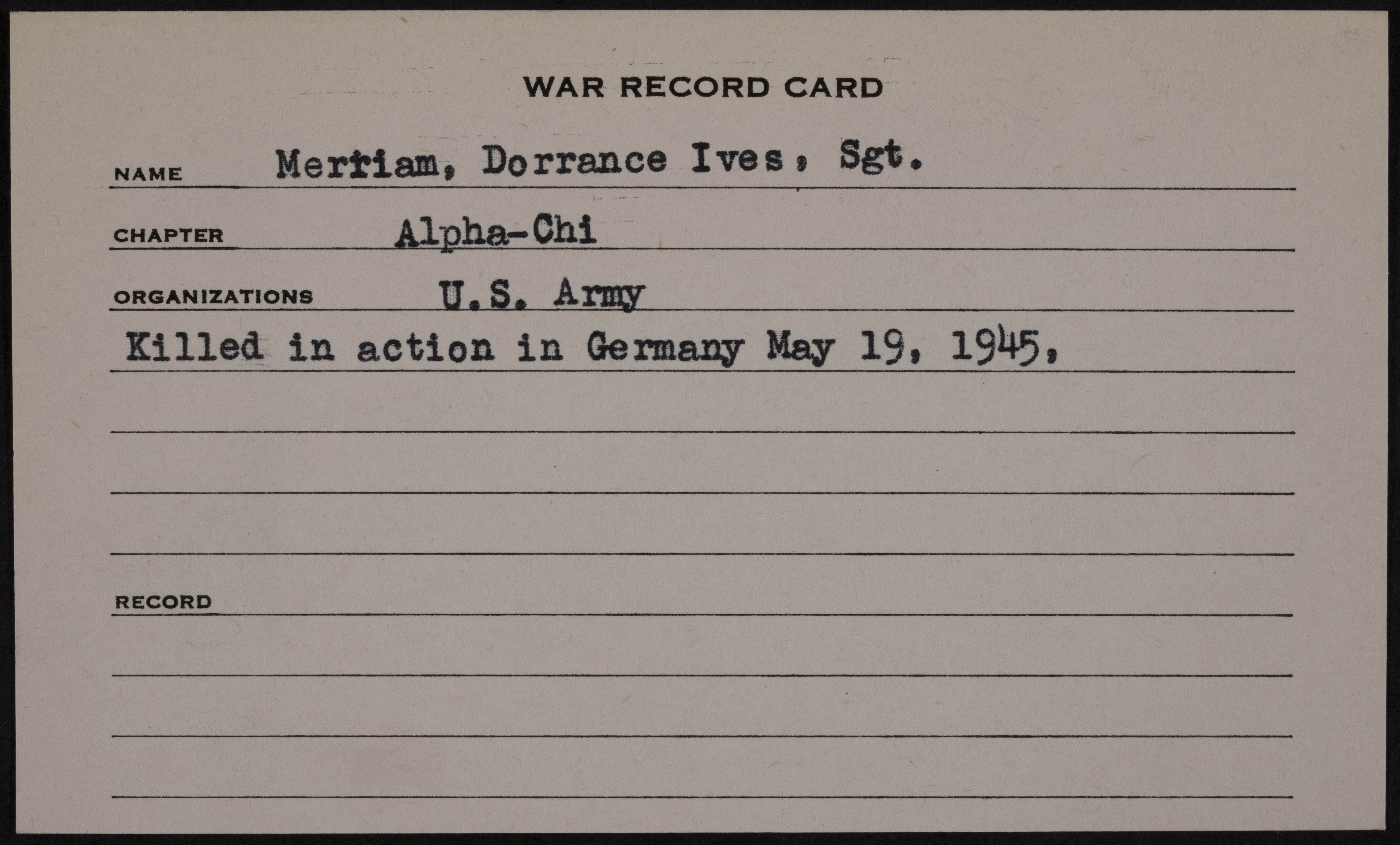 Dorrance Ives Merriam War Record Card