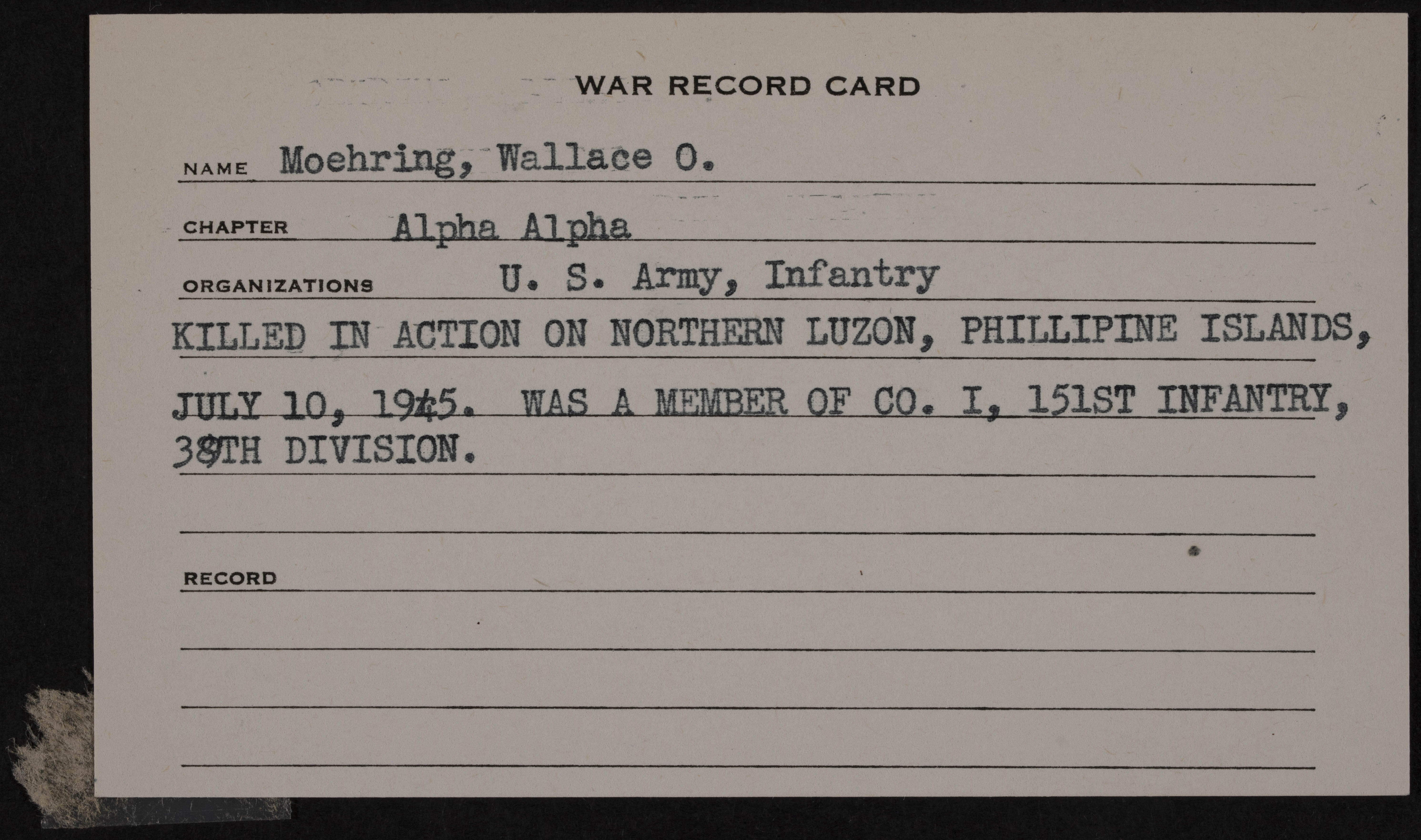 Wallace Oher Moehring War Record Card