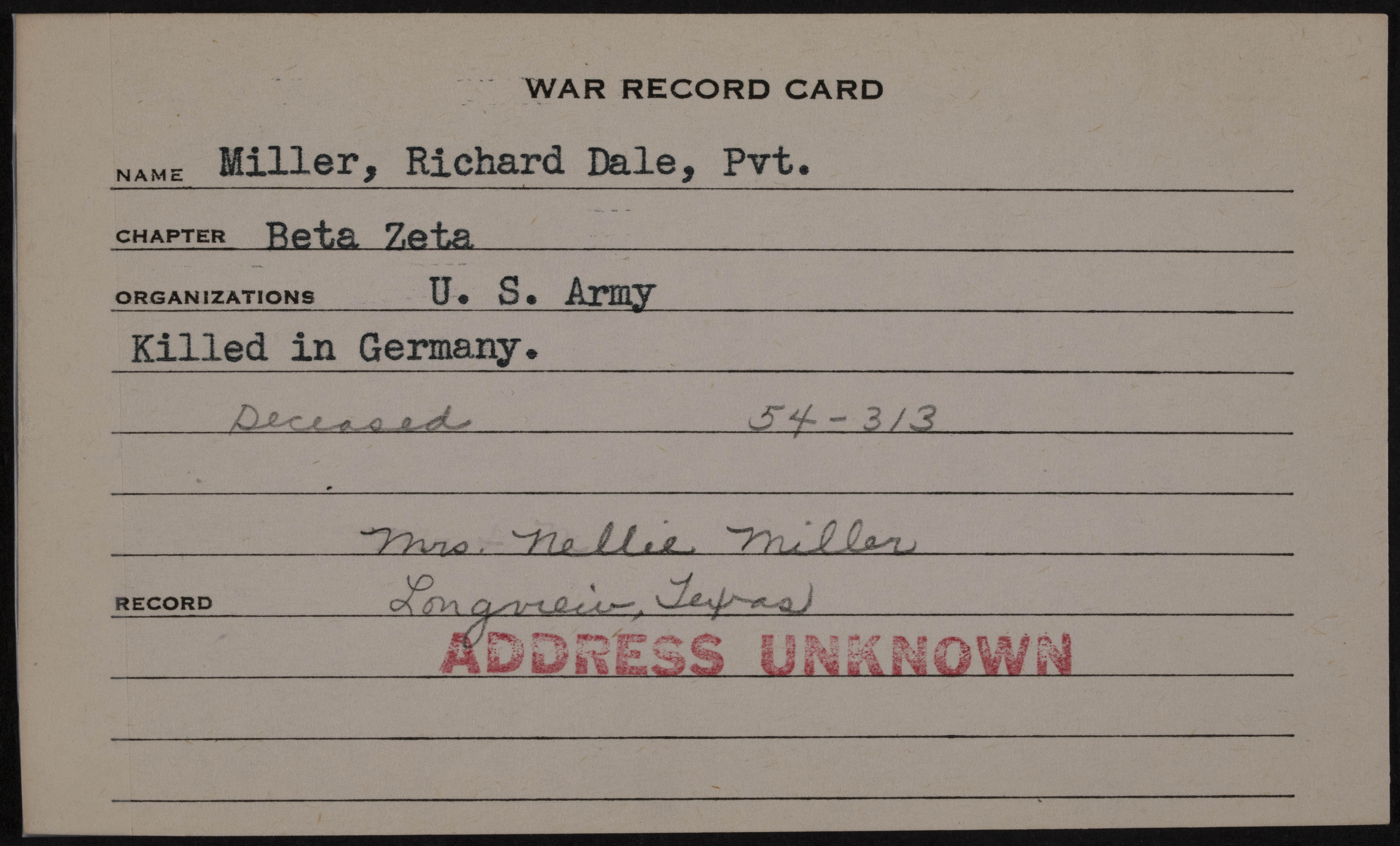 Richard Dale Miller War Record Card