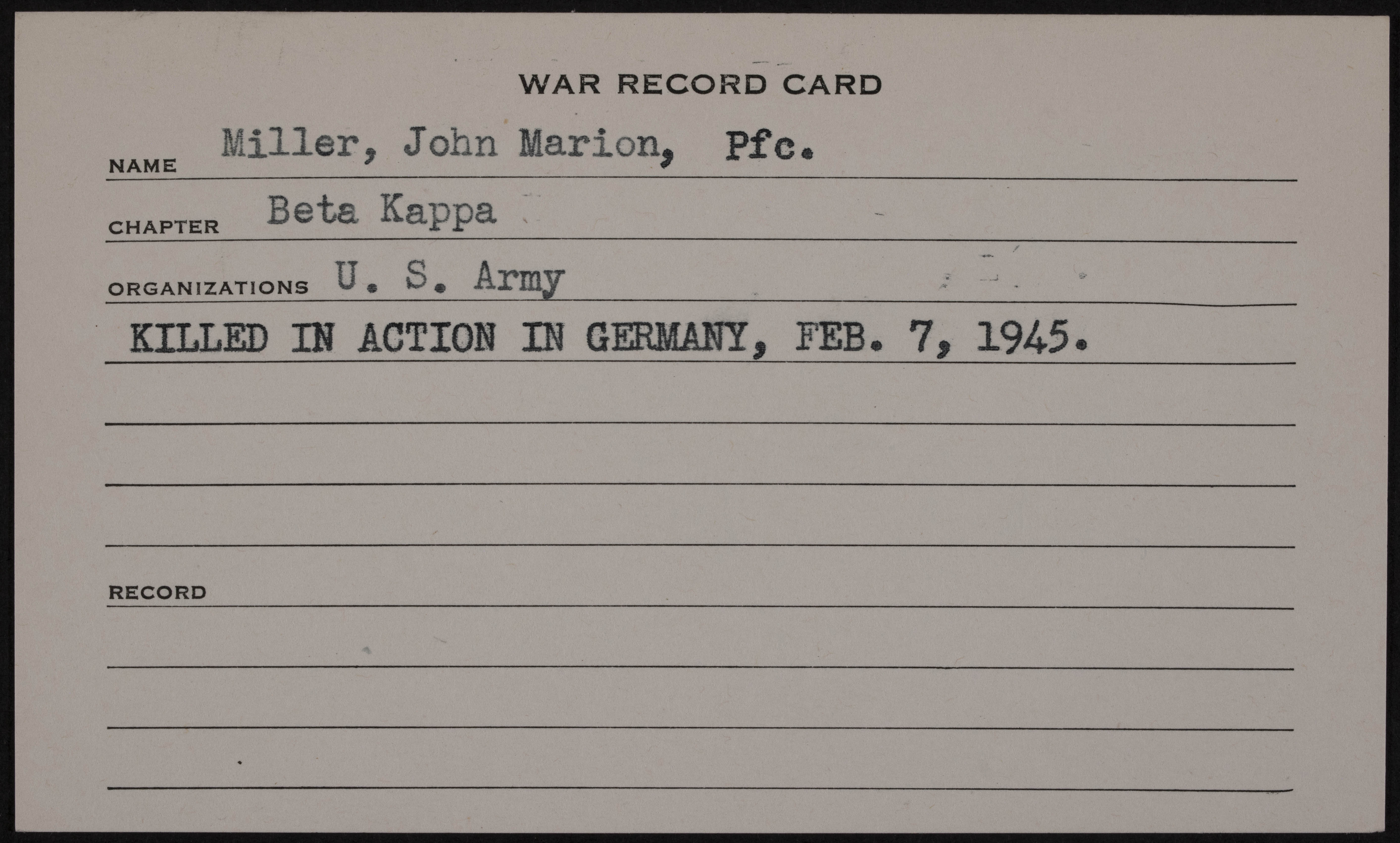John Marion Miller War Record Card