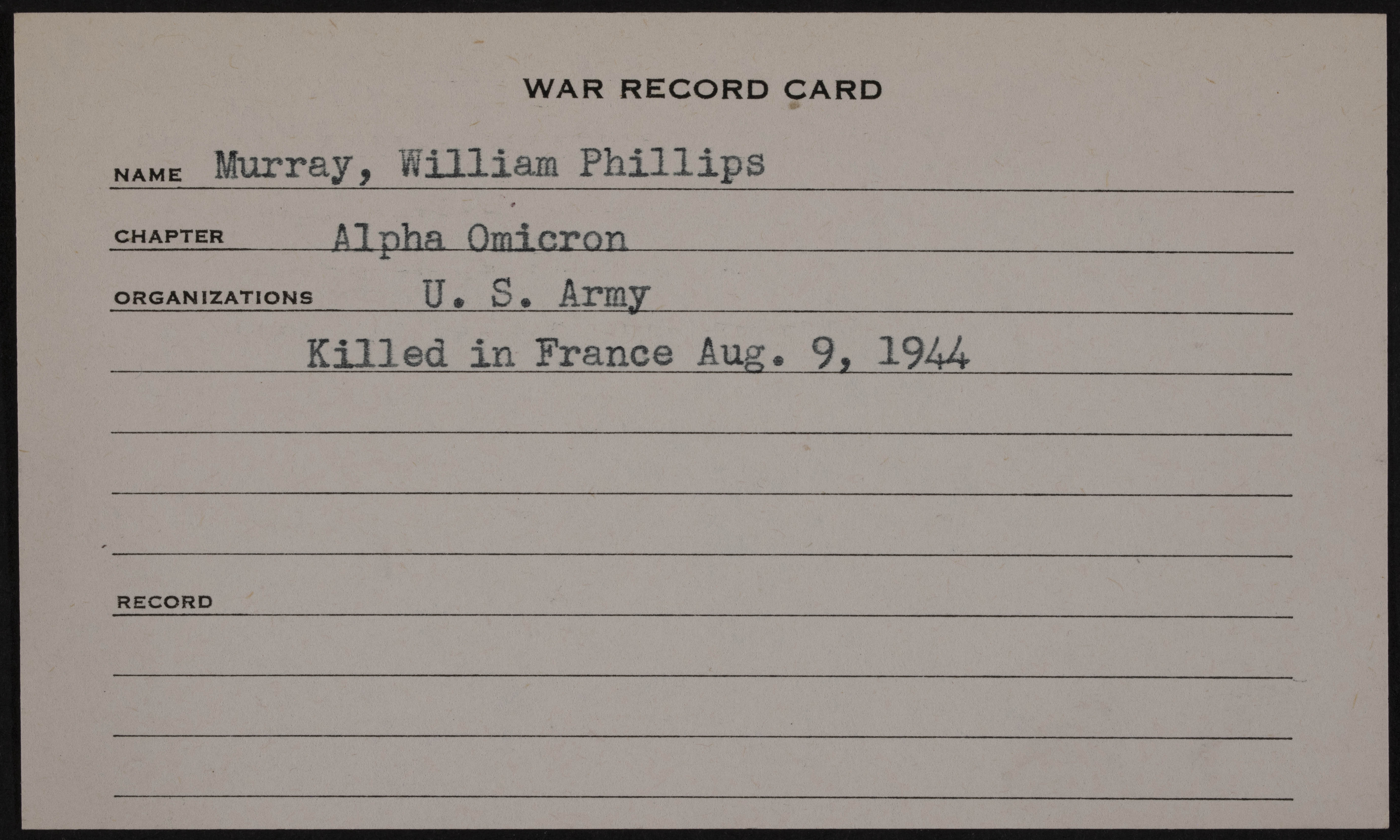 William Phillips Murray War Record Card