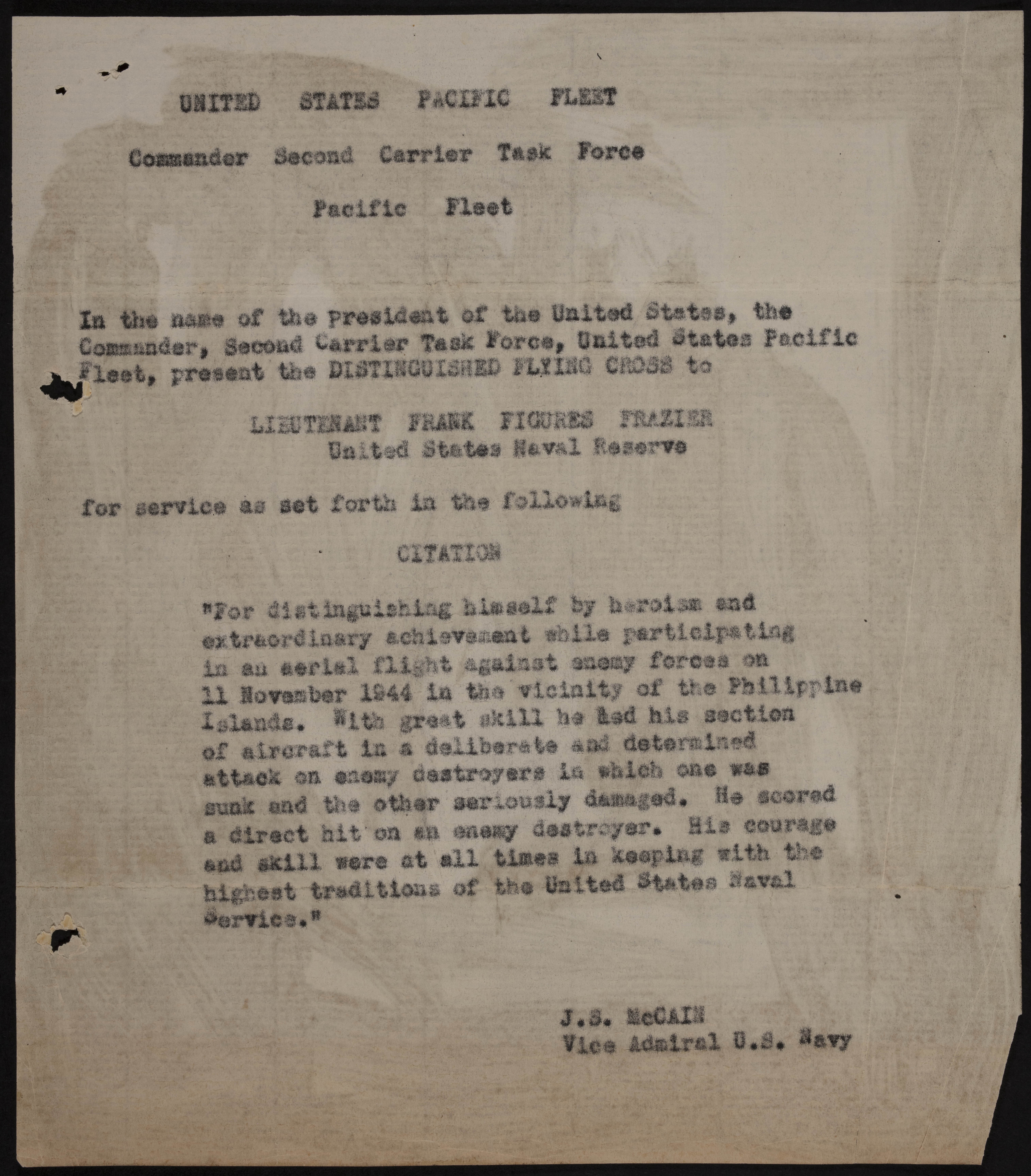 Frank Figures Frazier Distinguished Flying Cross Document