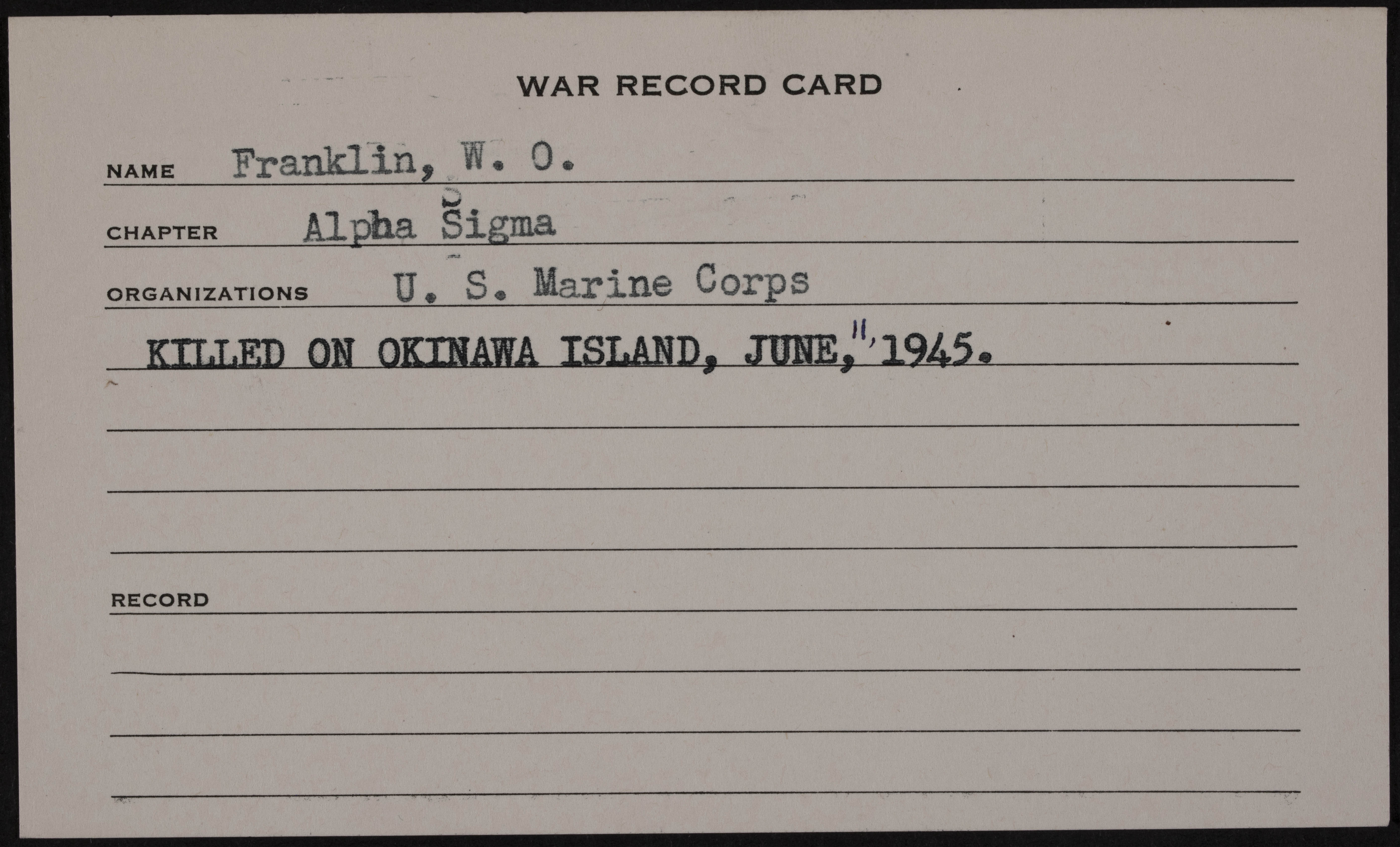 William Oliver Franklin War Record Card