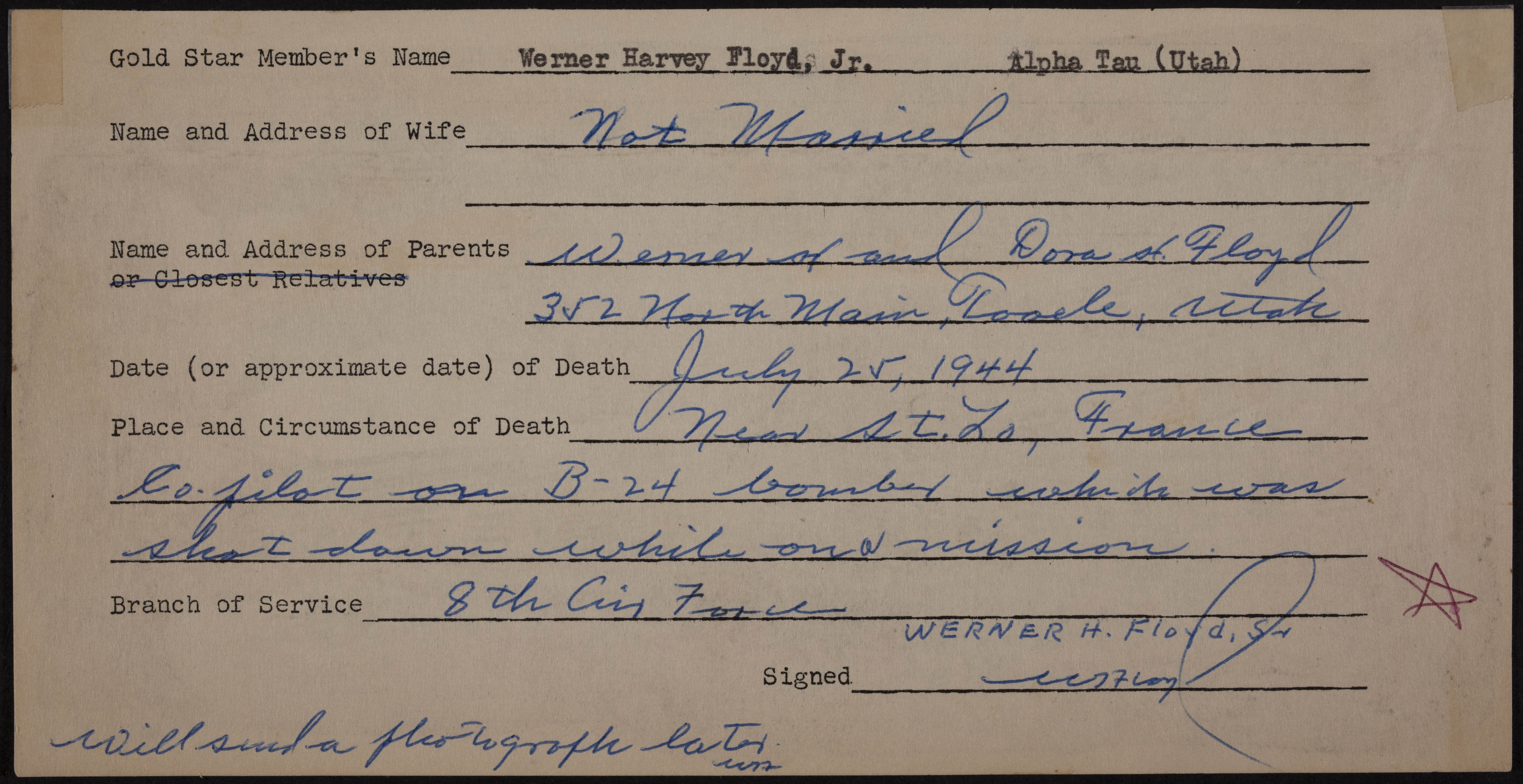 Werner Harvey Floyd Jr. War Record Form