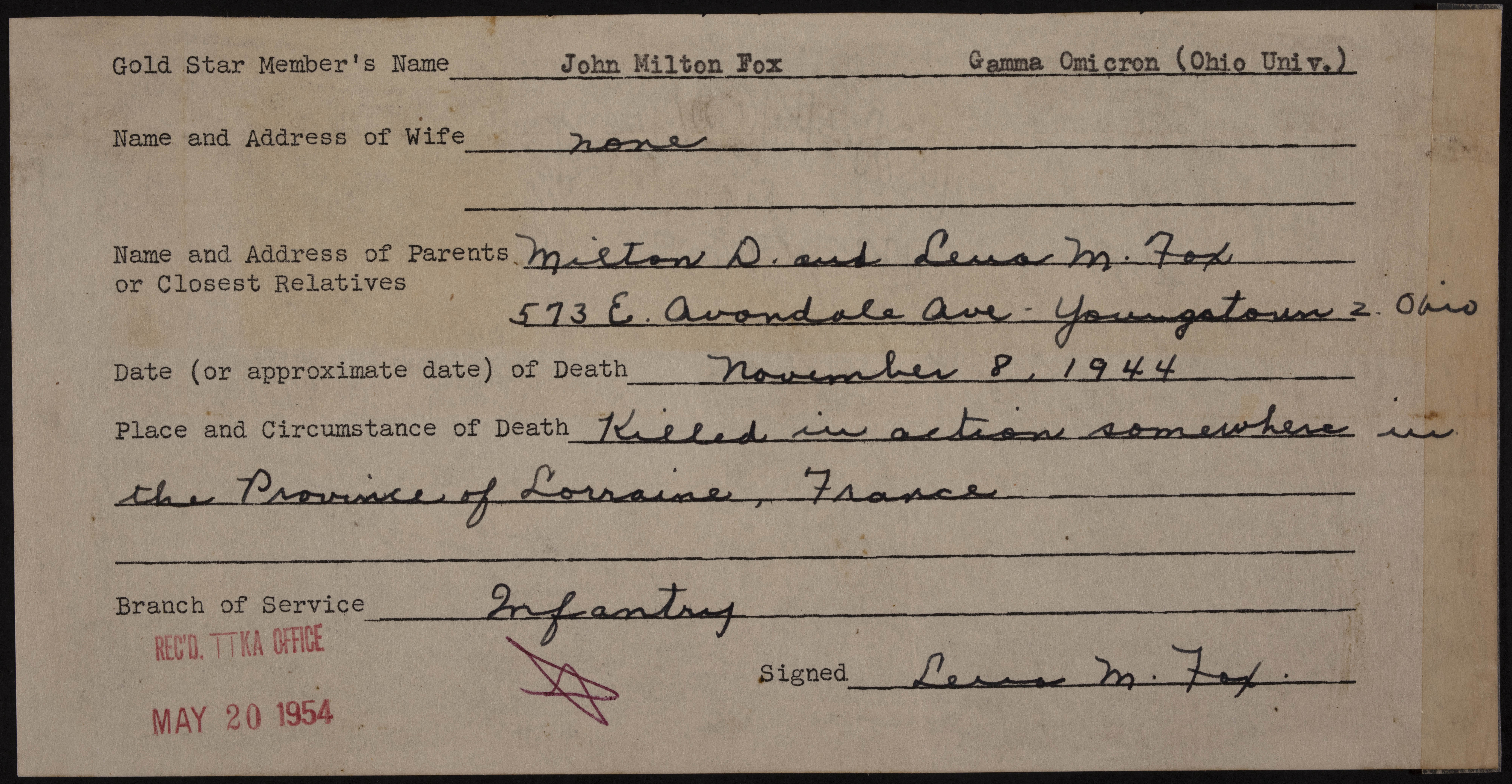 John Milton Fox War Record Form, May 20, 1954