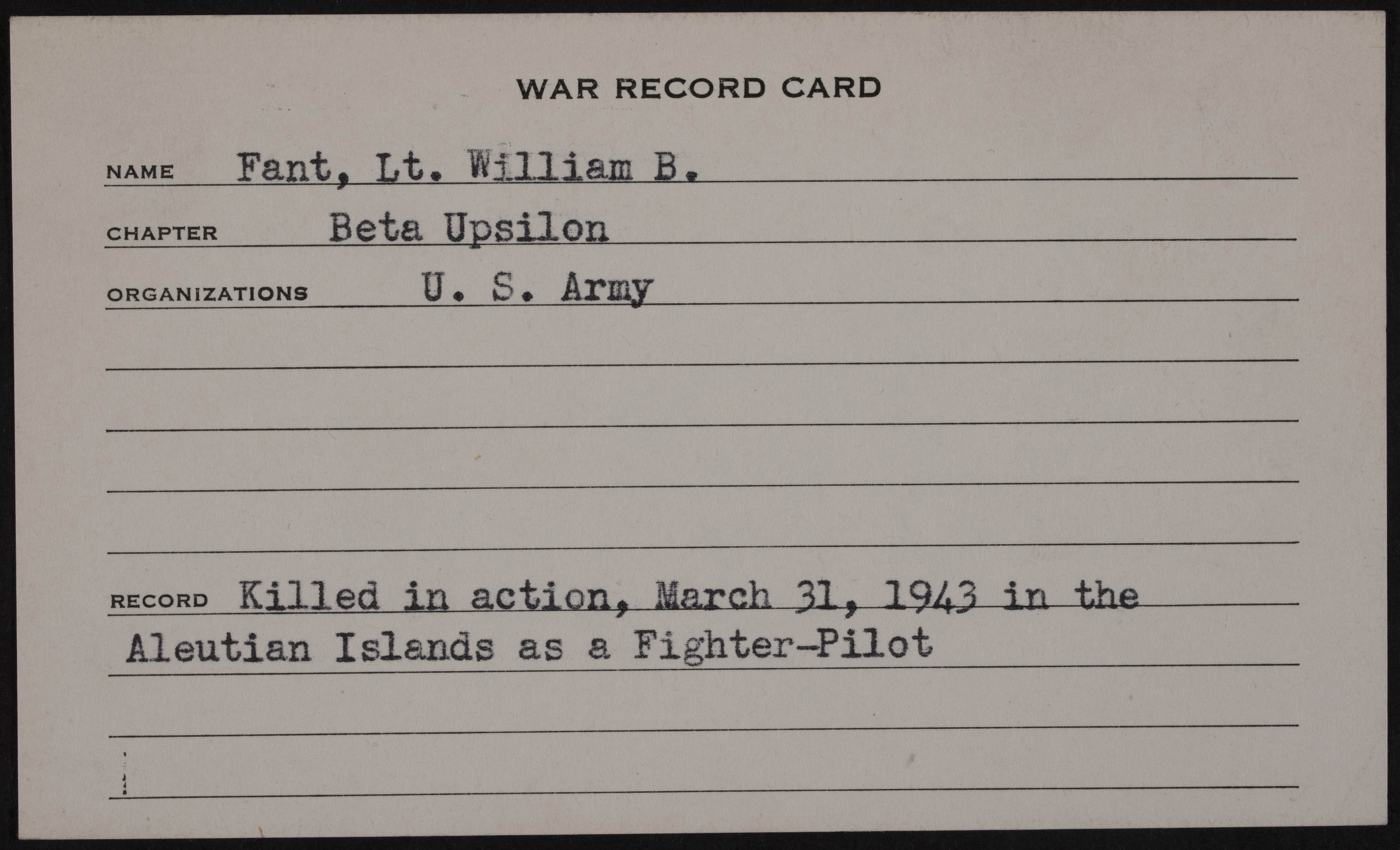 William Blanke Fant War Record Card