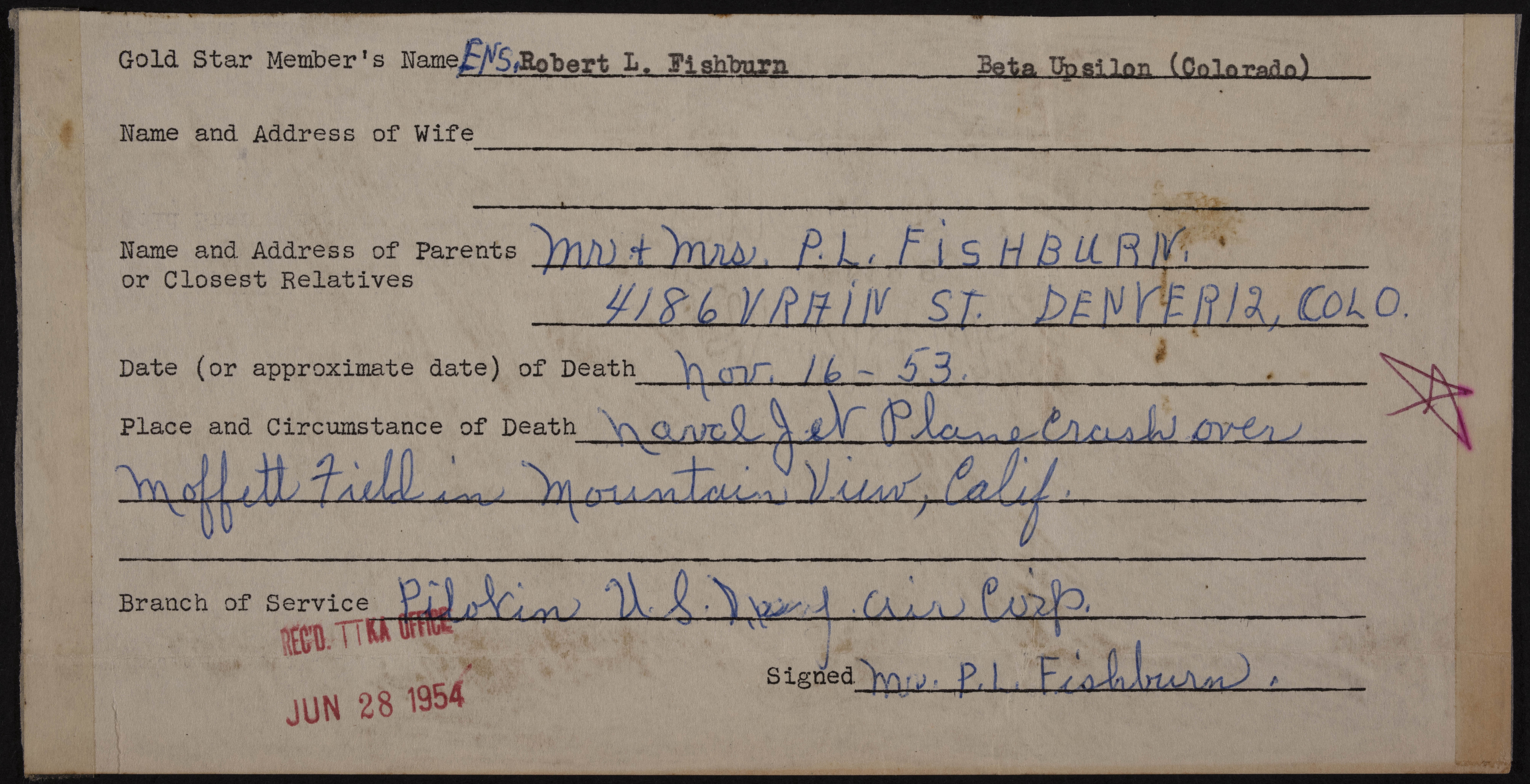 Robert Lee Fishburn War Record Form, June 28, 1954