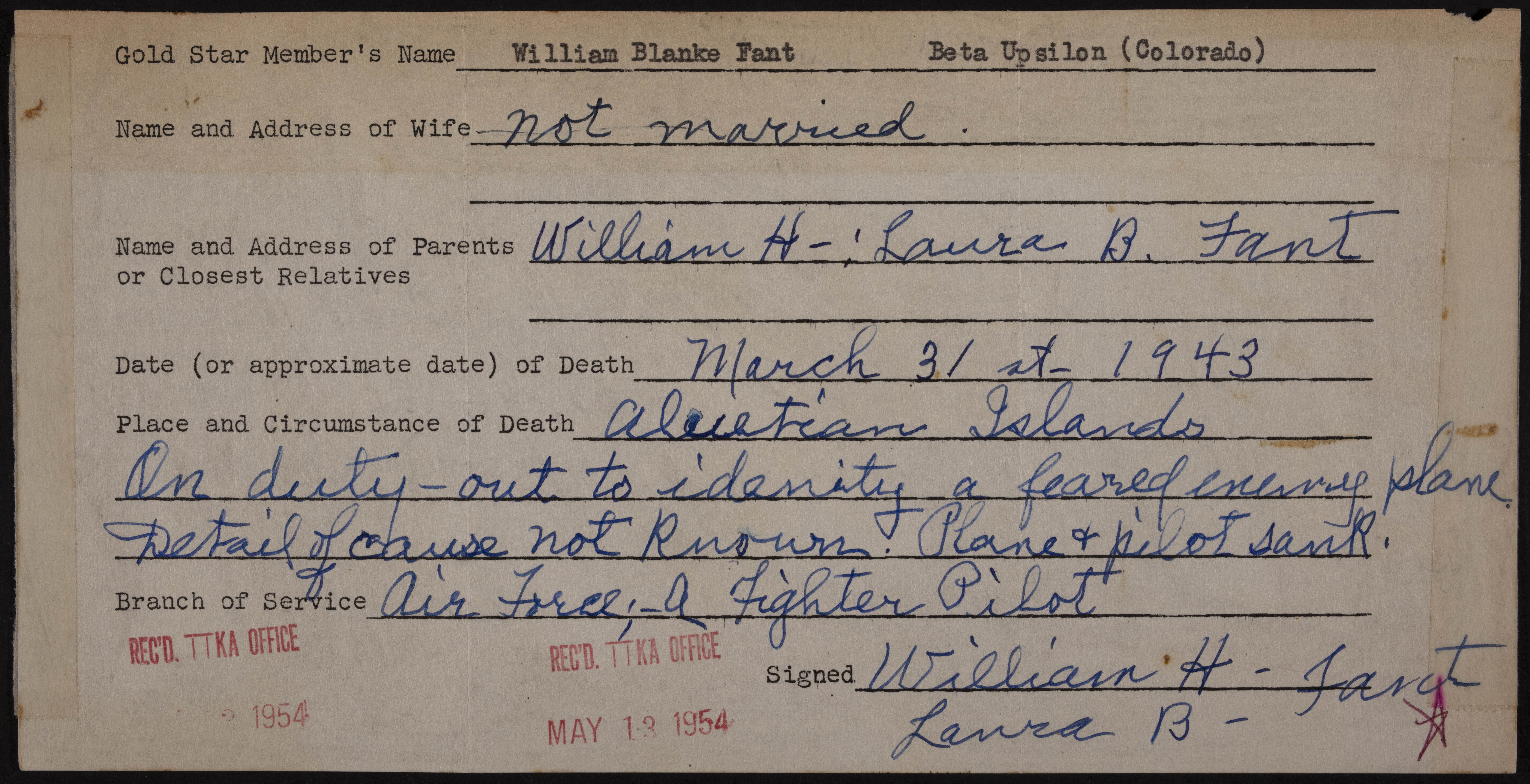 William Blanke Fant War Record Form, May 13, 1954