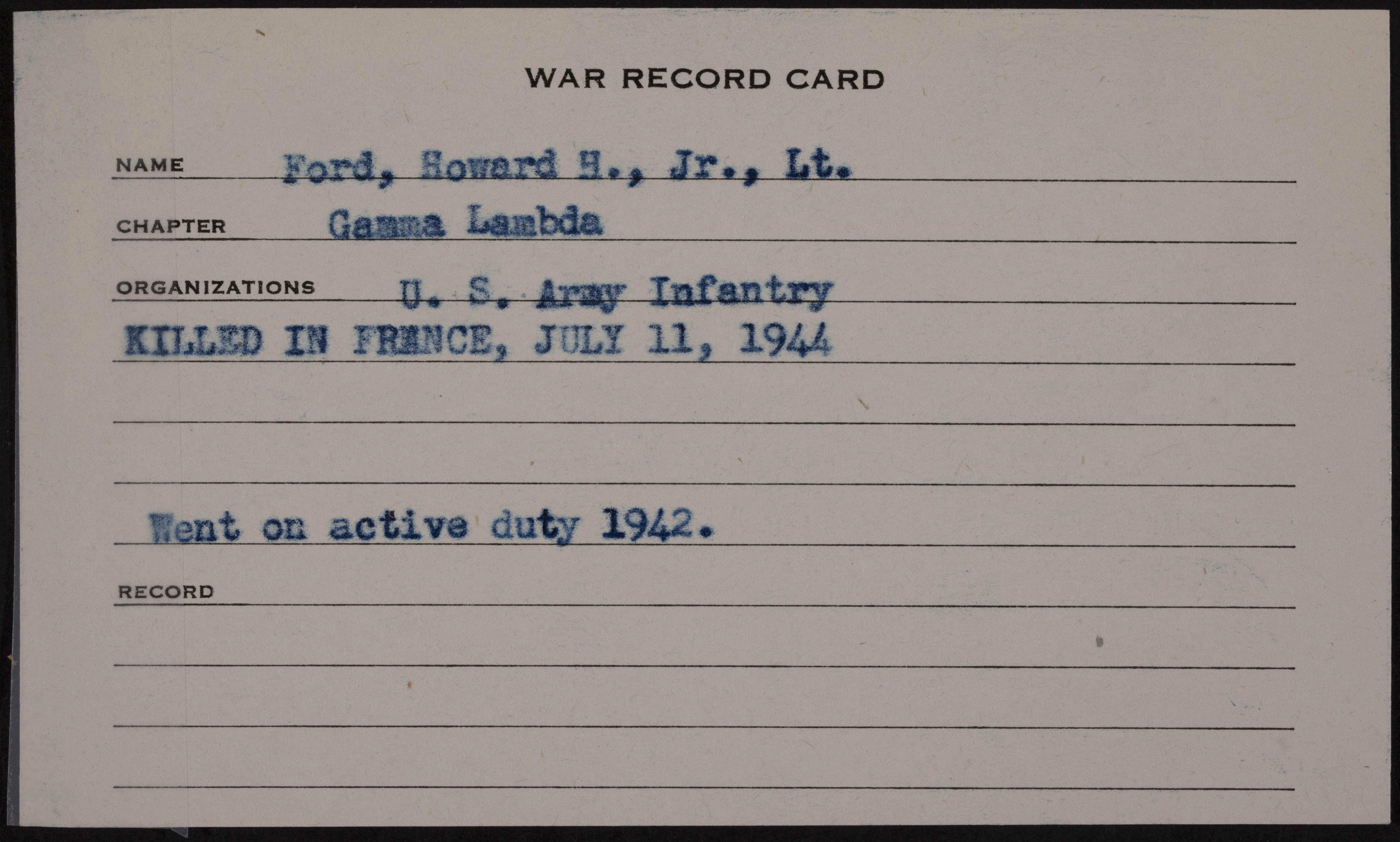 Howard Holmes Ford Jr. War Record Card