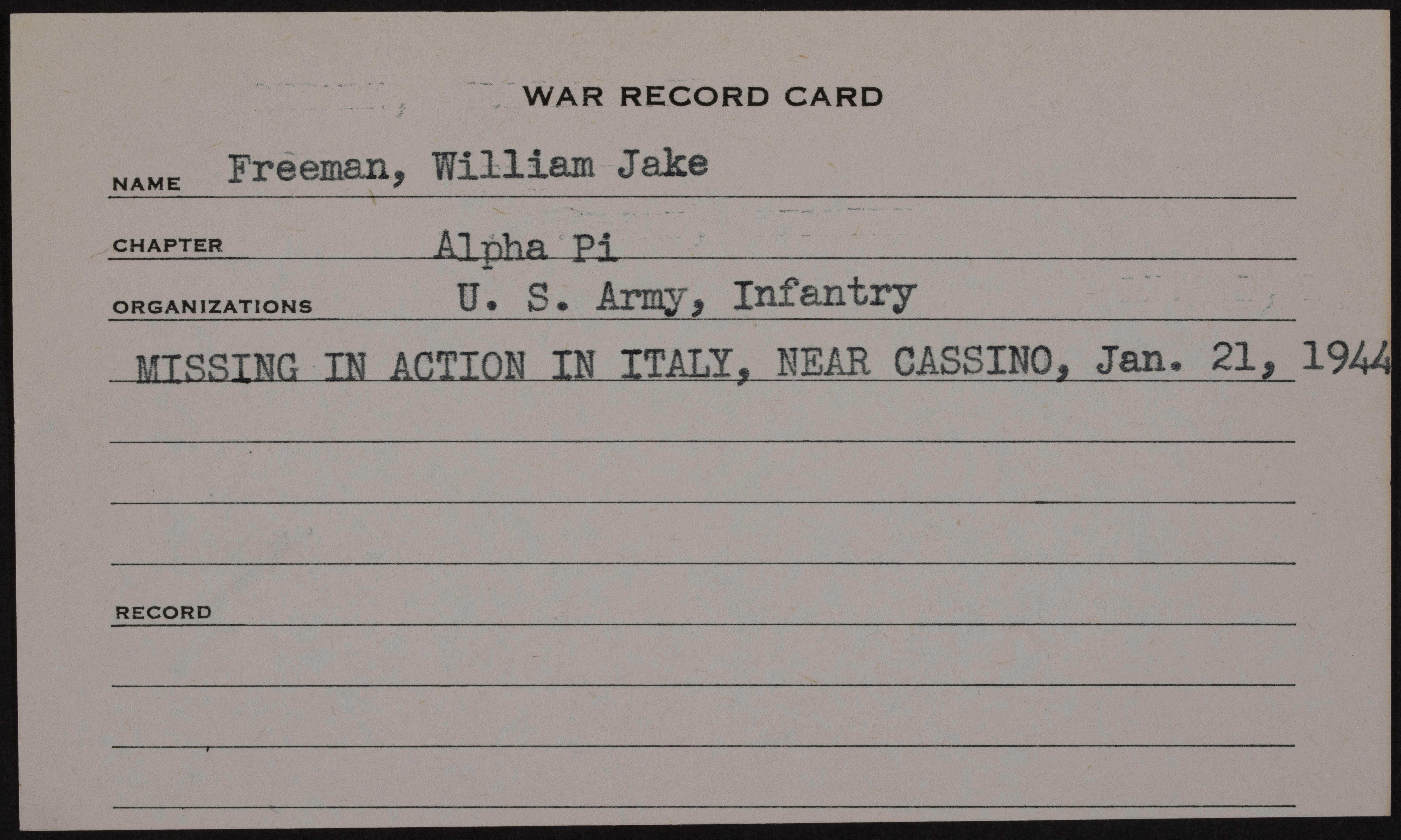 William Jacob Freeman War Record Card