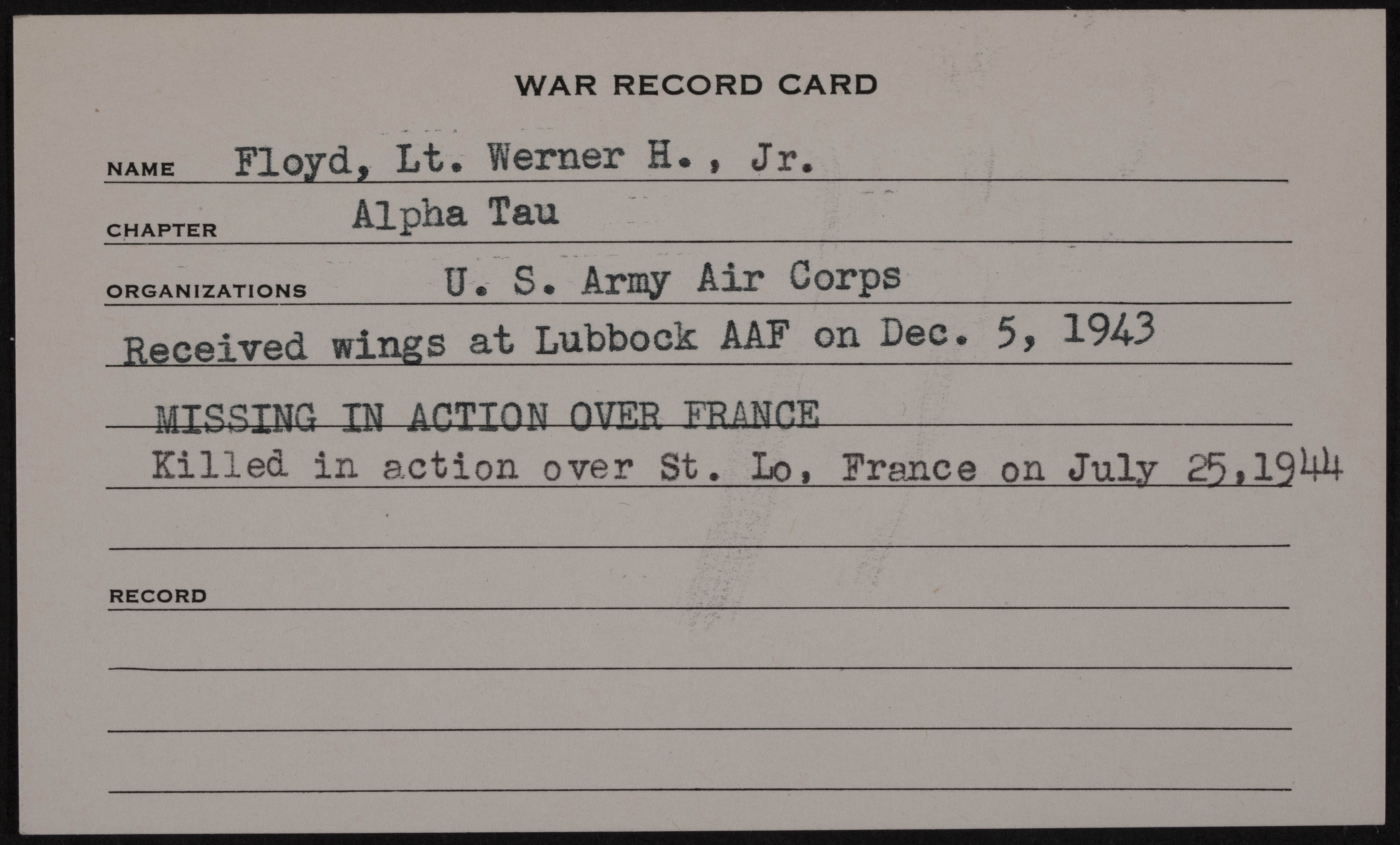 Werner Harvey Floyd Jr. War Record Card