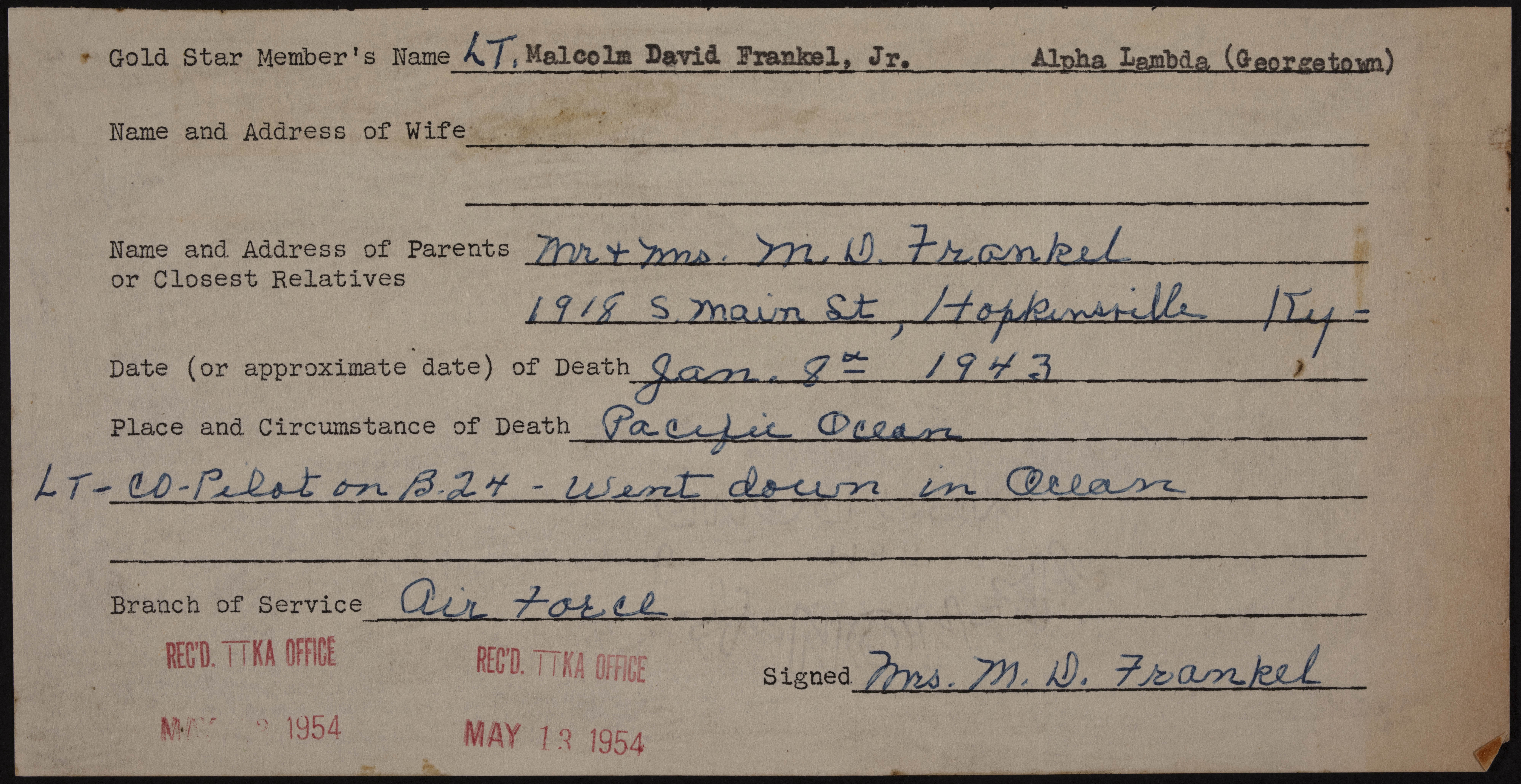 Malcolm David Frankel Jr. War Record Form, May 13, 1954