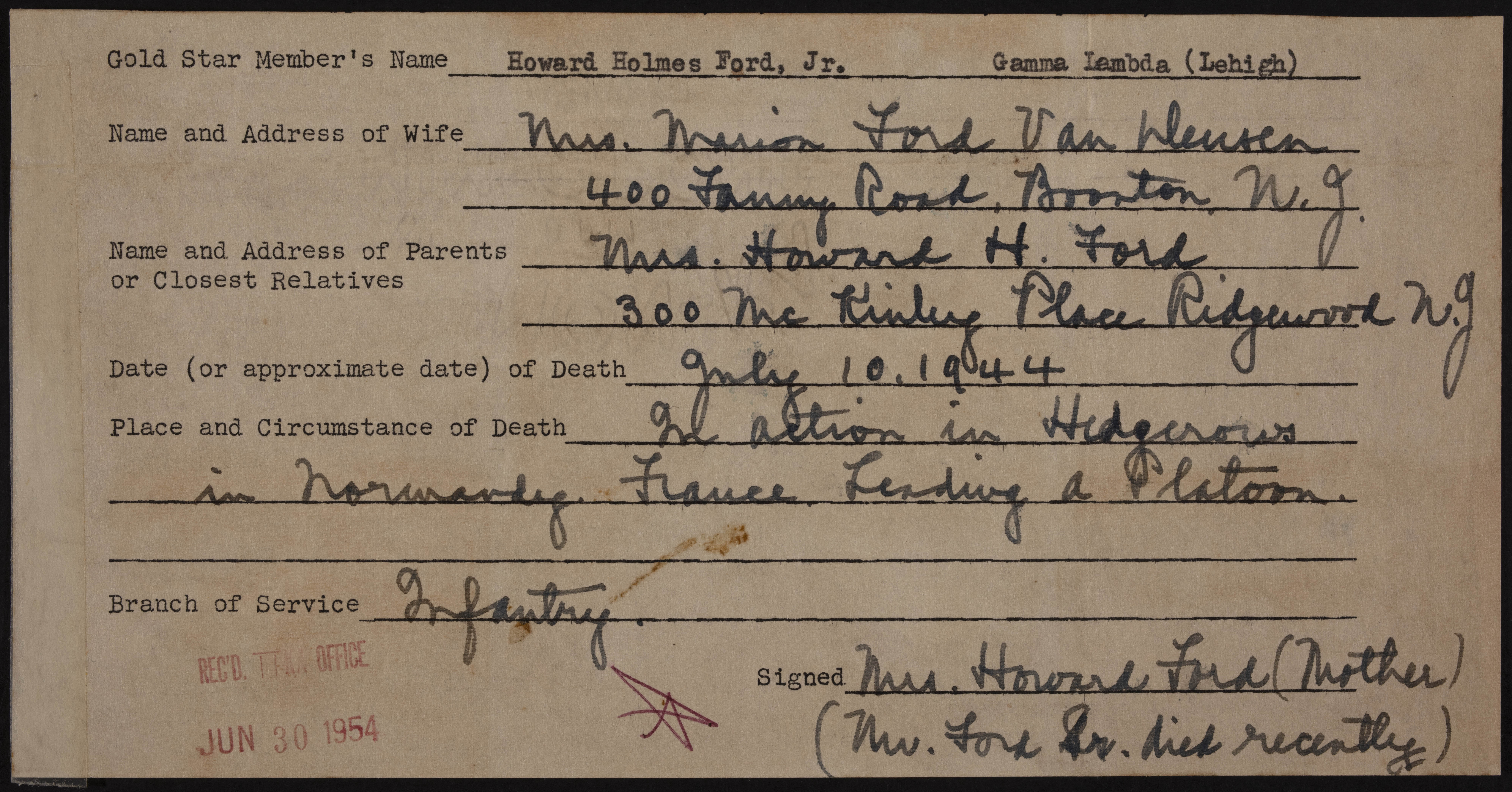 Howard Holmes Ford Jr. War Record Form, June 30, 1954