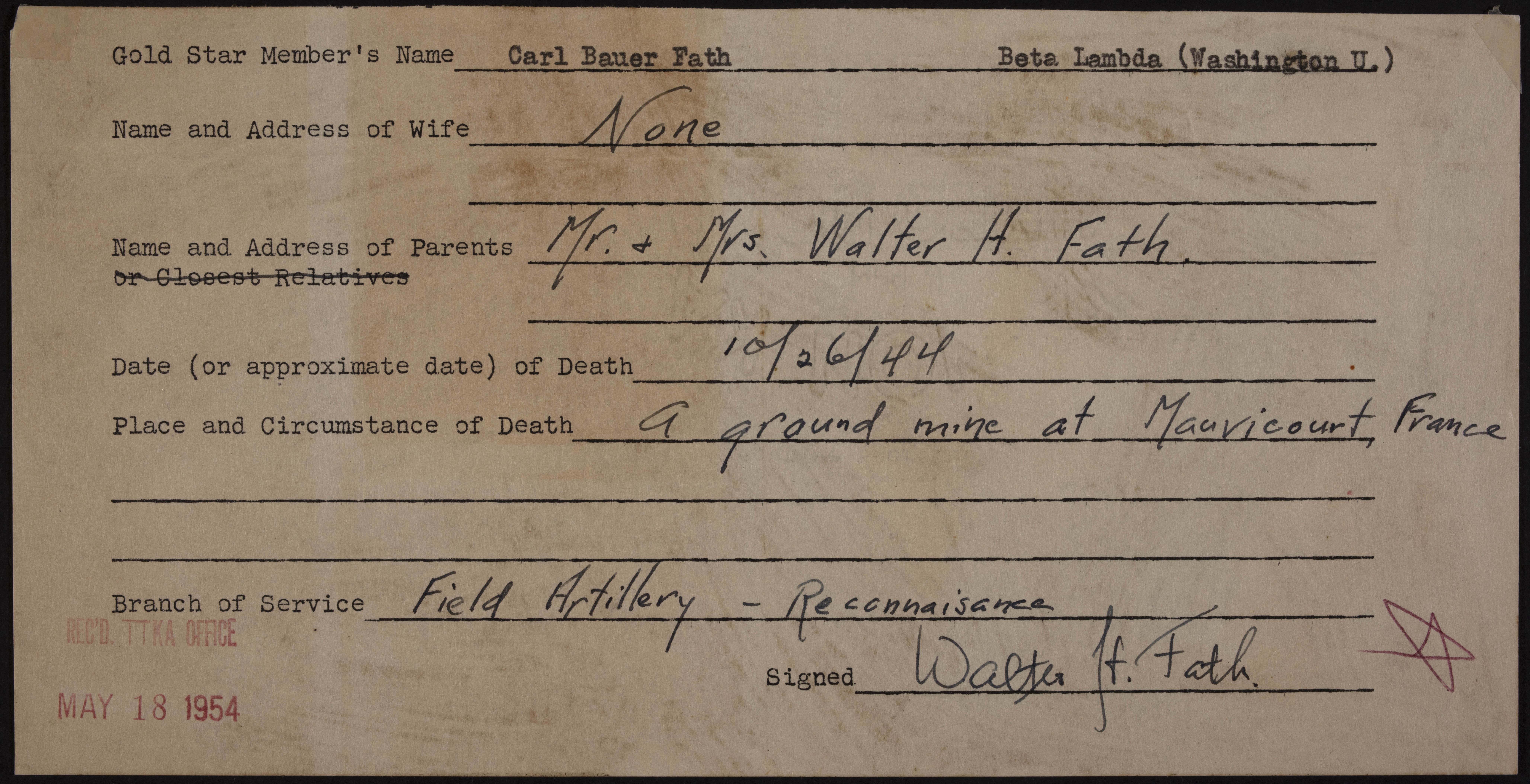 Carl Bauer Fath War Record Form, May 18, 1954