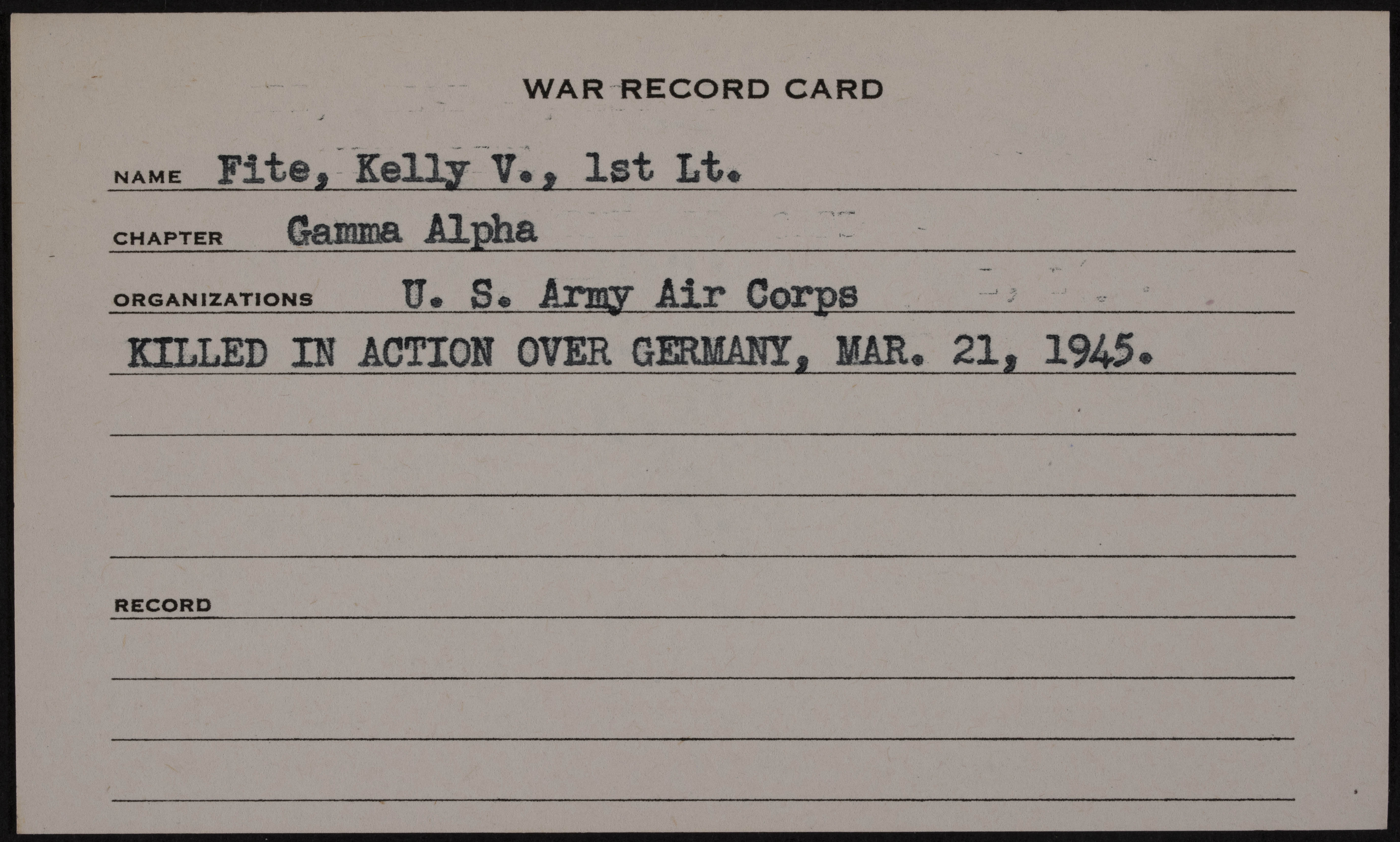 Kelly Vinson Fite Jr. War Record Card