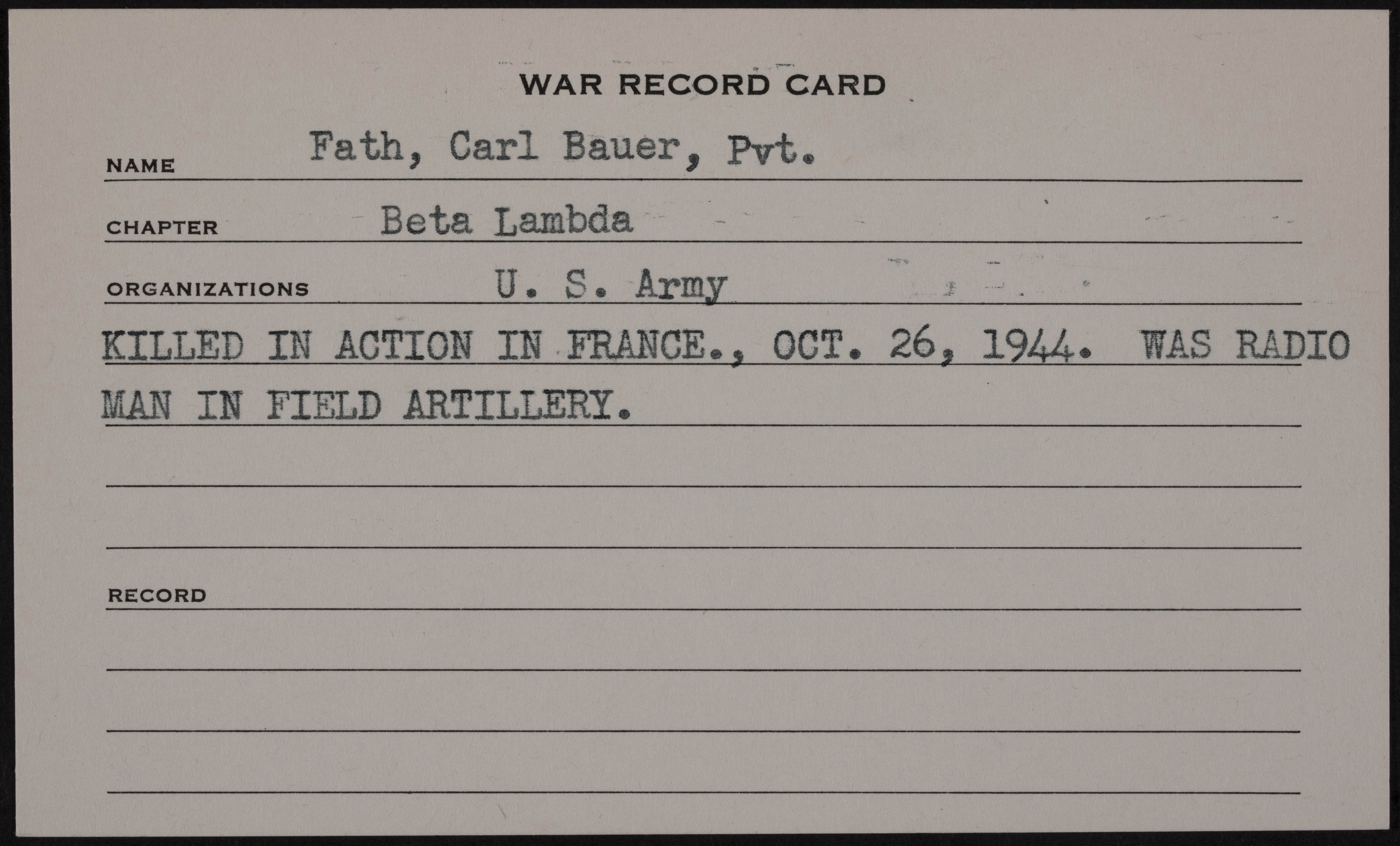 Carl Bauer Fath War Record Card