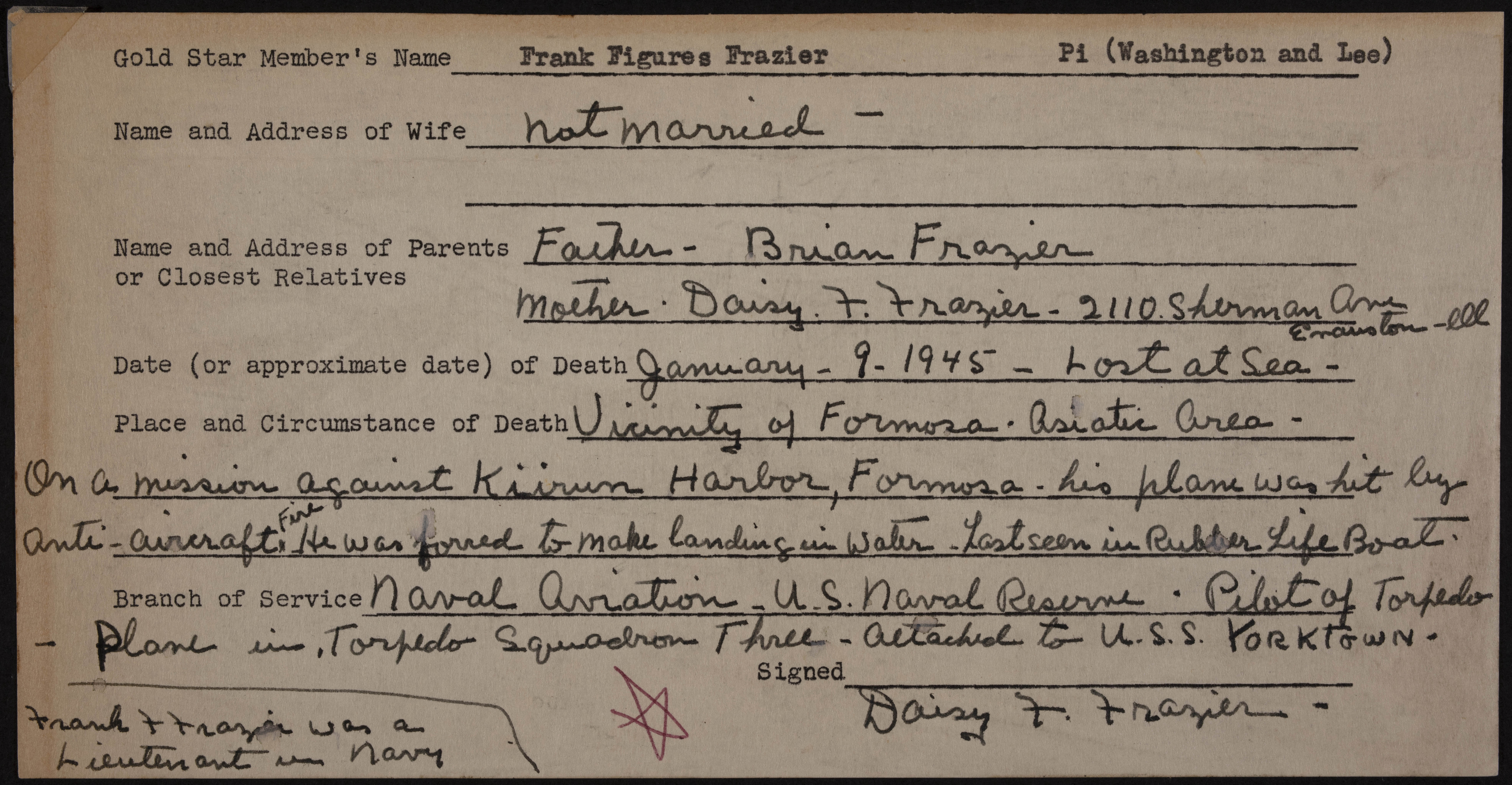 Frank Figures Frazier War Record Form