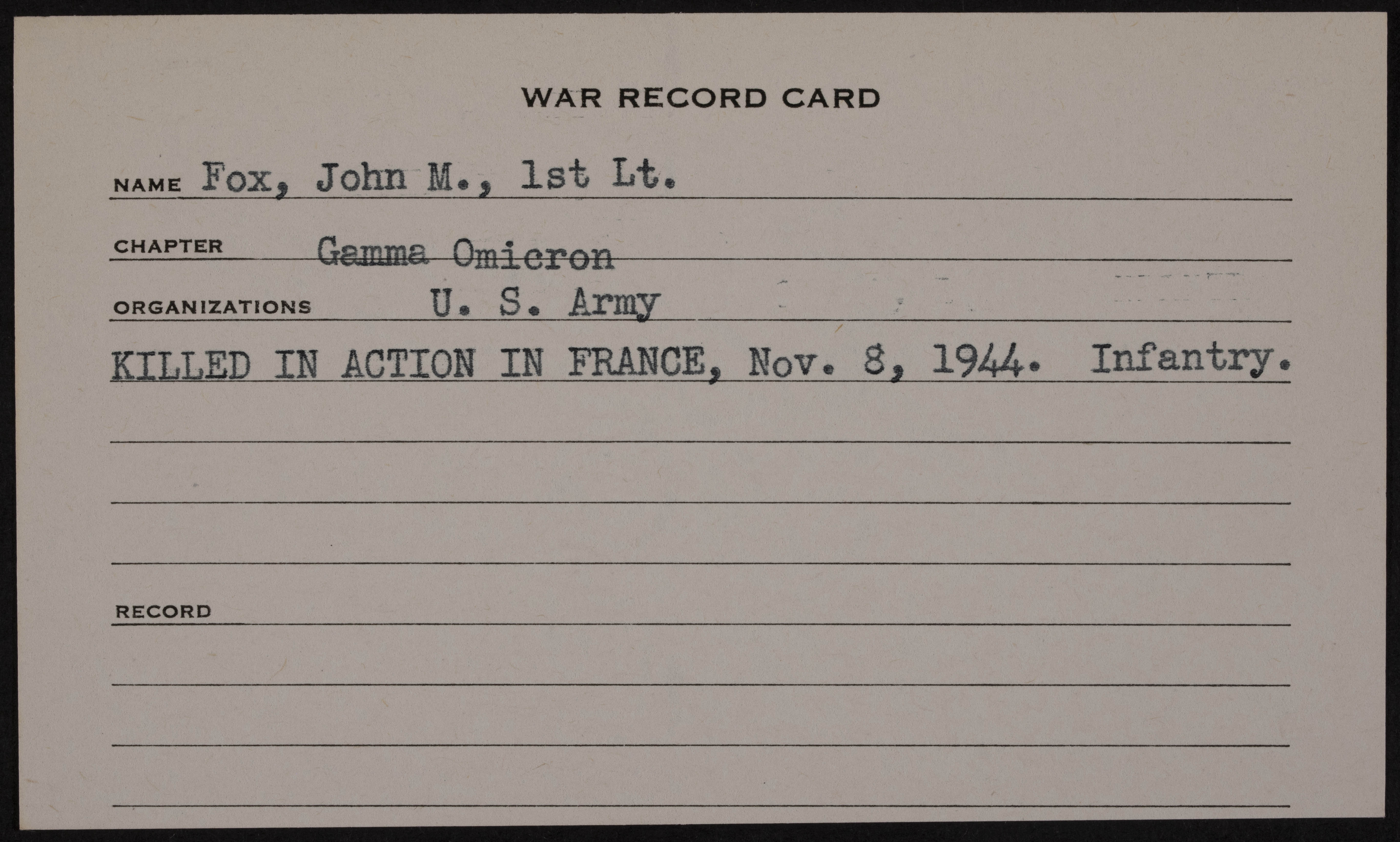 John Milton Fox War Record Card
