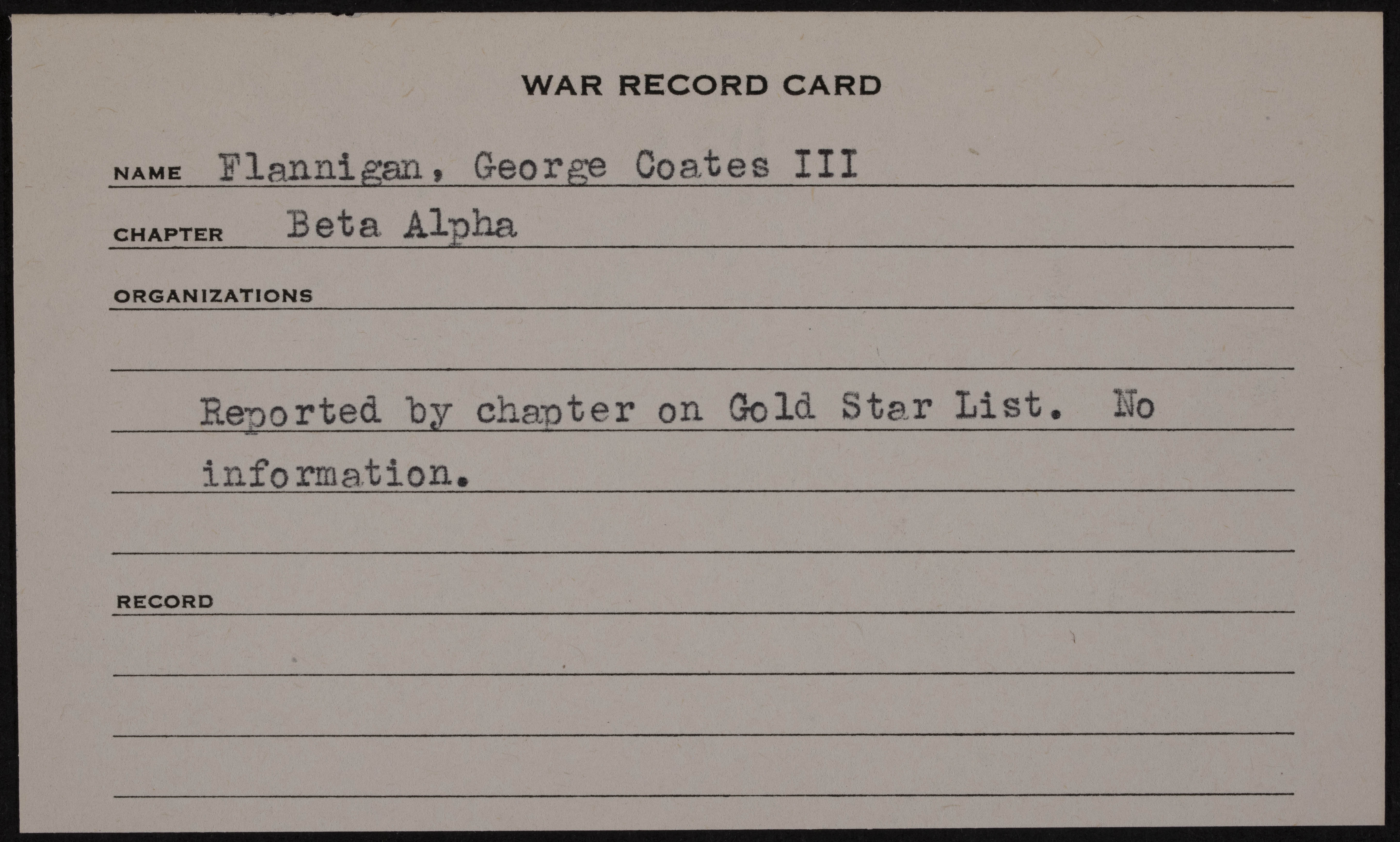 George Coates Flannigan War Record Card
