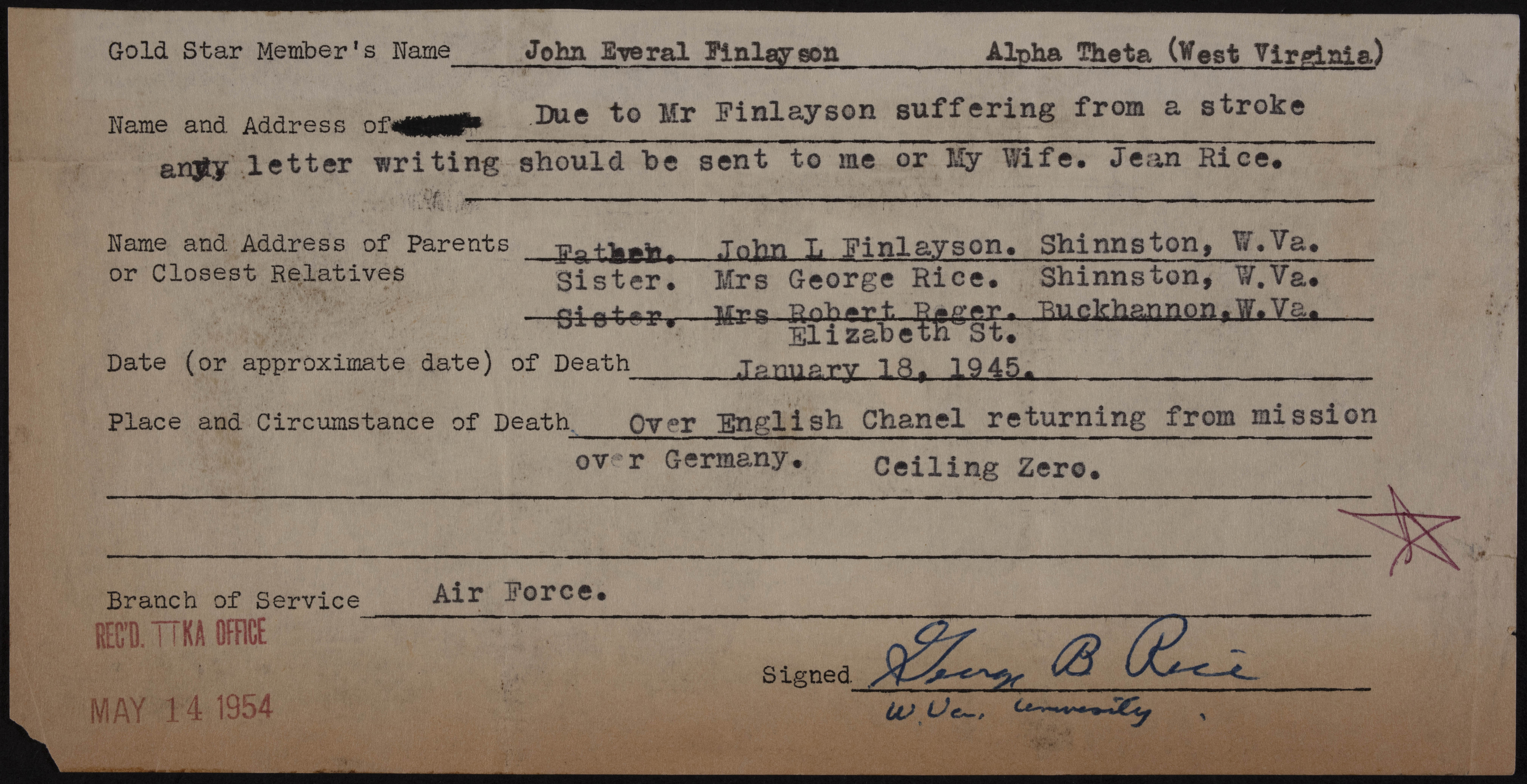John Everal Finlayson War Record Form, May 14, 1954