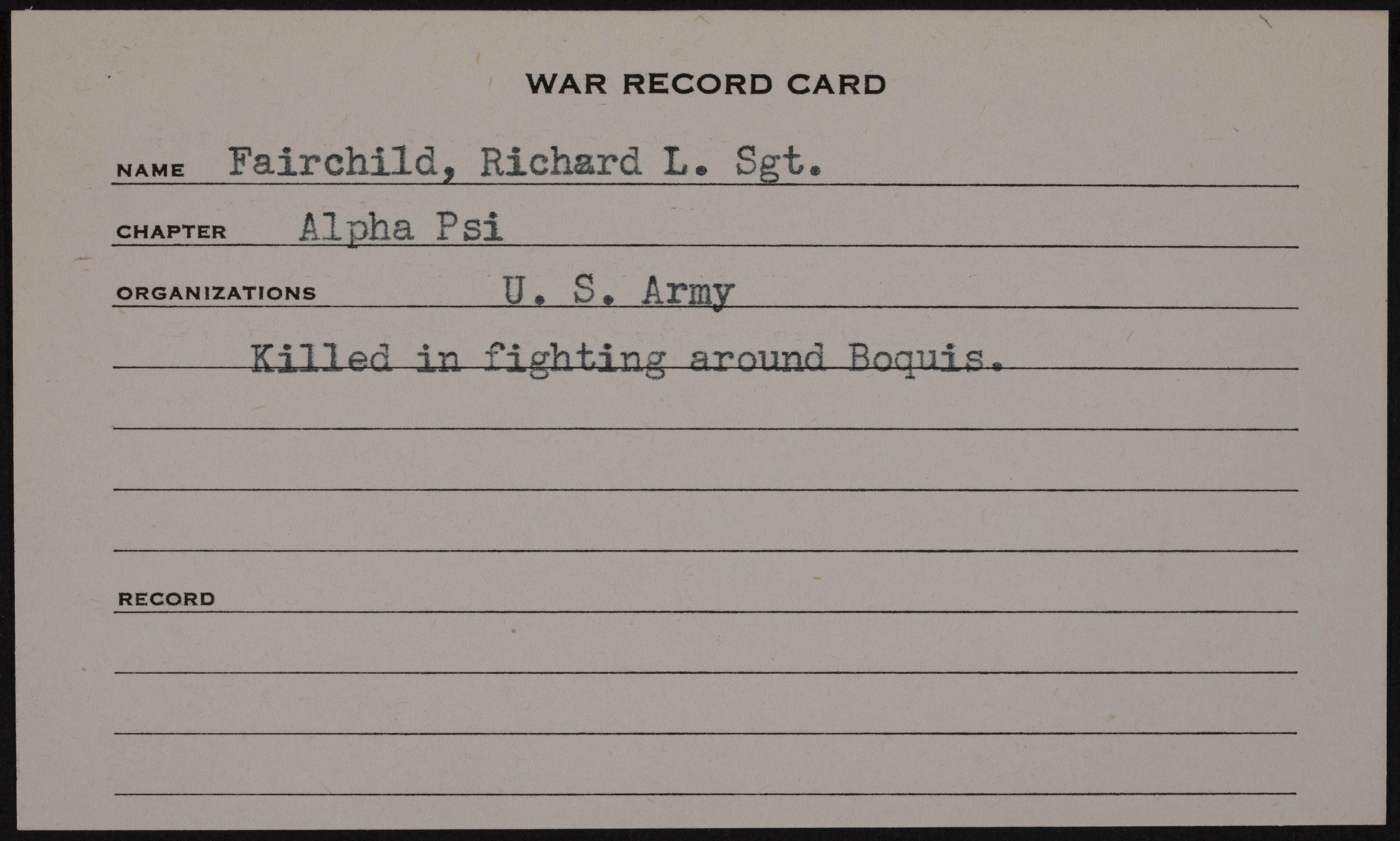 Richard Lewis Fairchild War Record Card