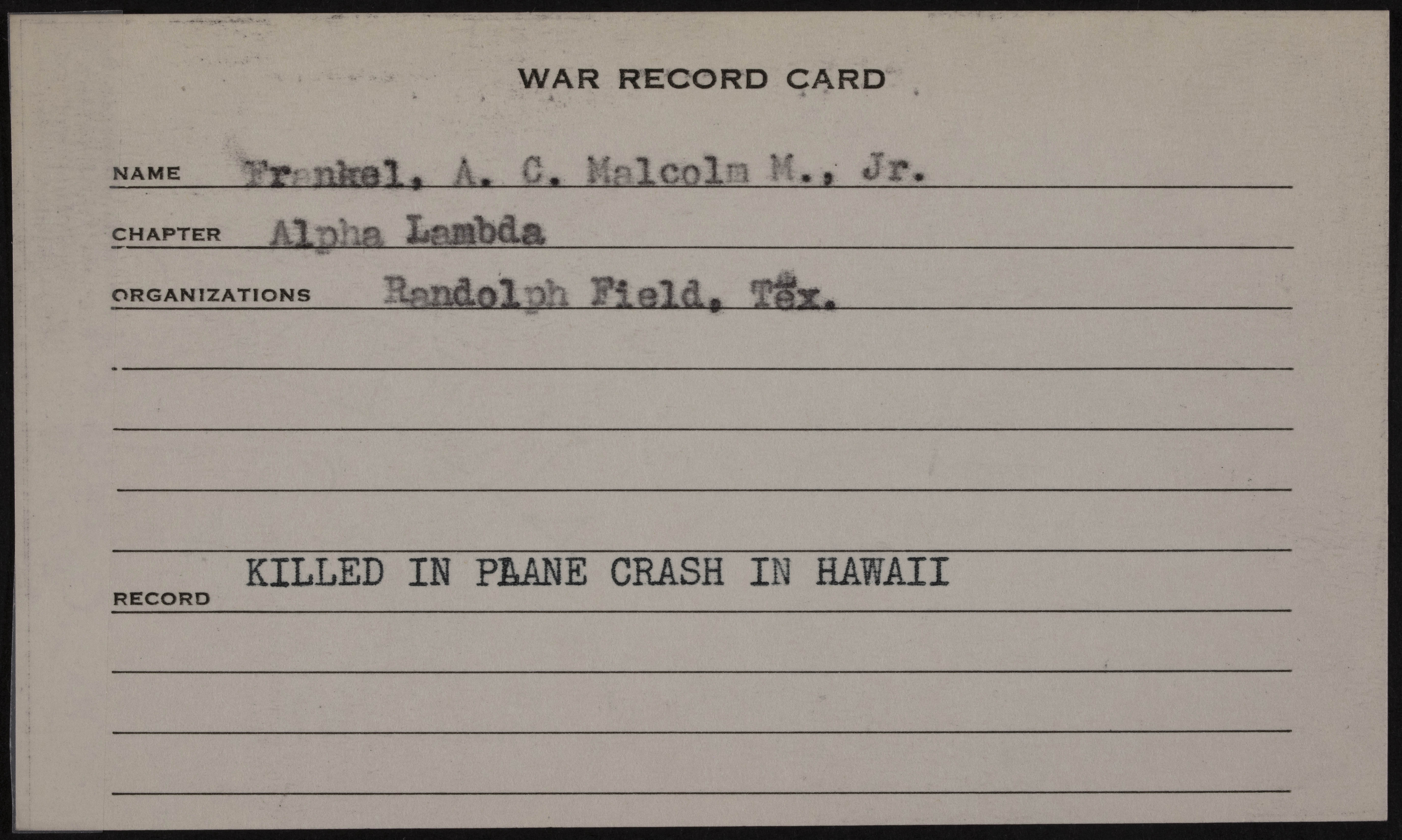 Malcolm David Frankel Jr. War Record Card