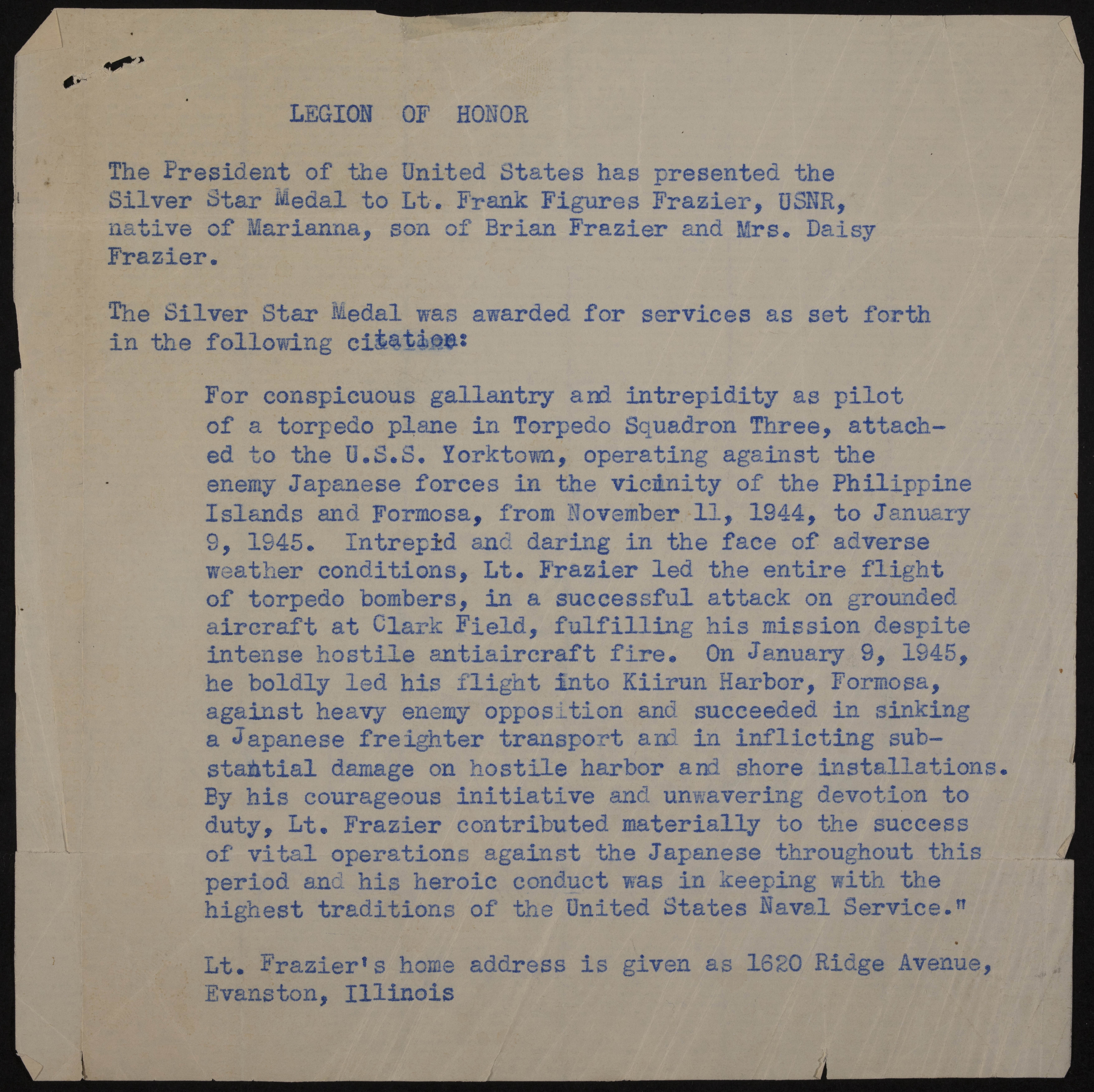 Frank Figures Frazier Silver Star Document