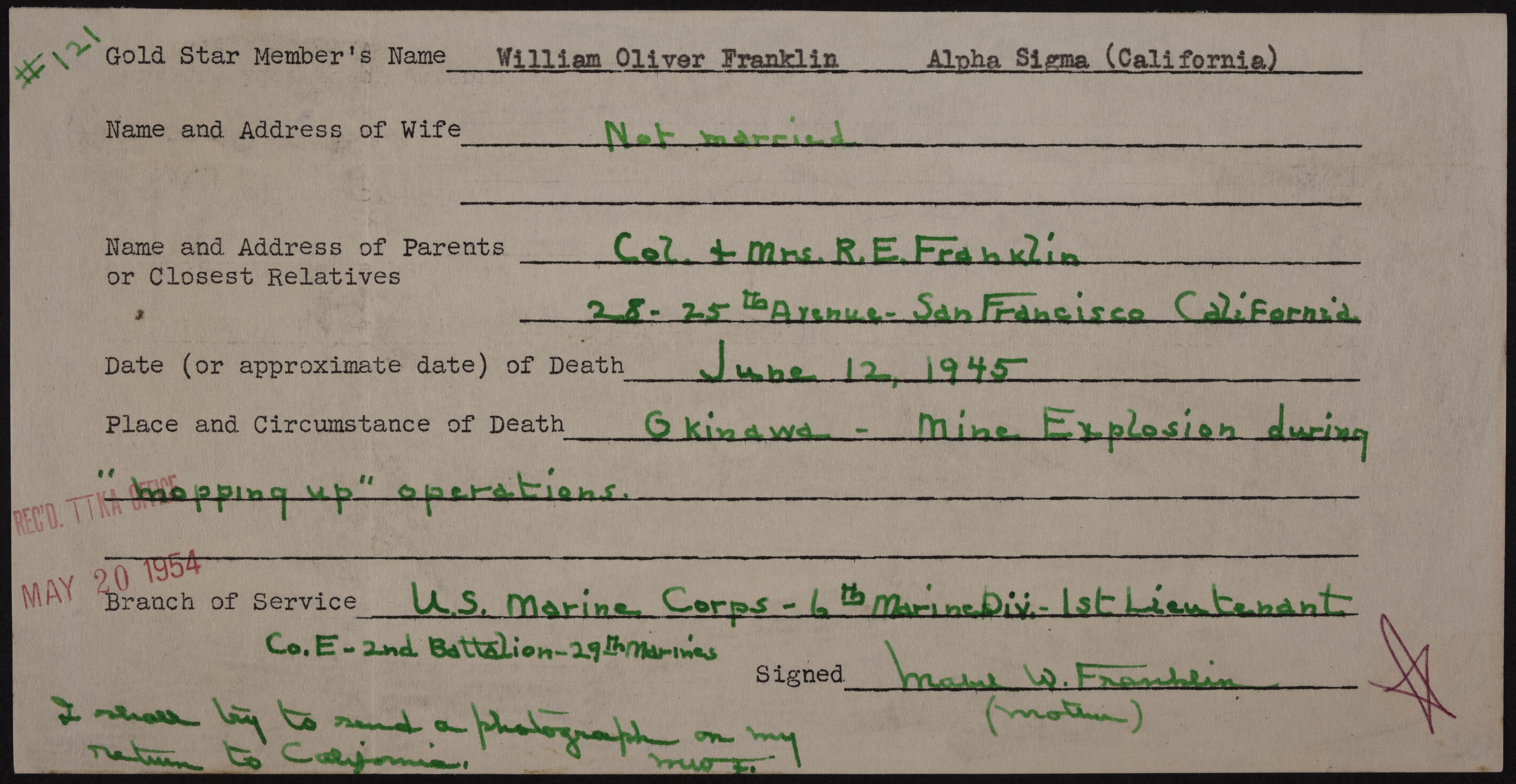 William Oliver Franklin War Record Form, May 20, 1954