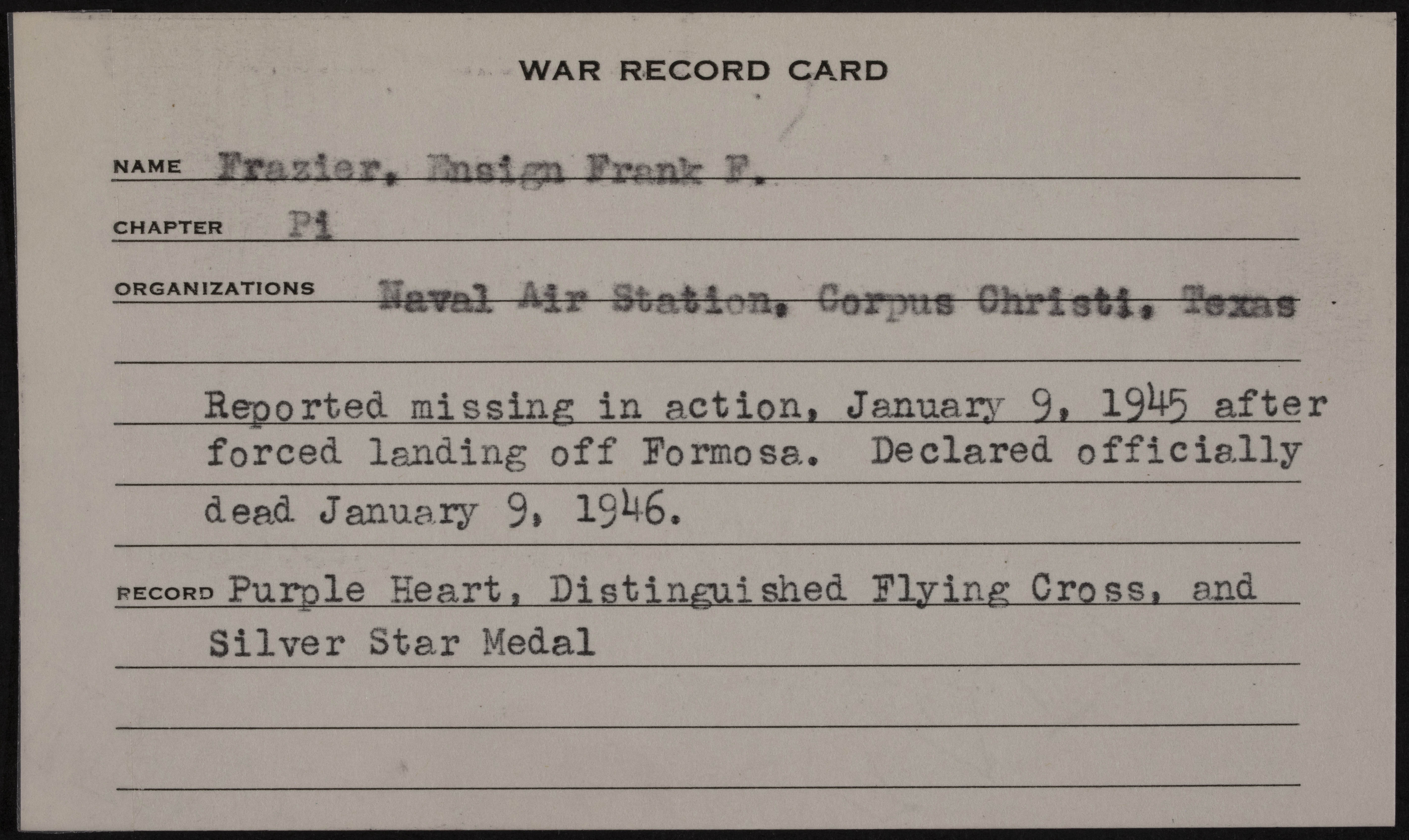 Frank Figures Frazier War Record Card