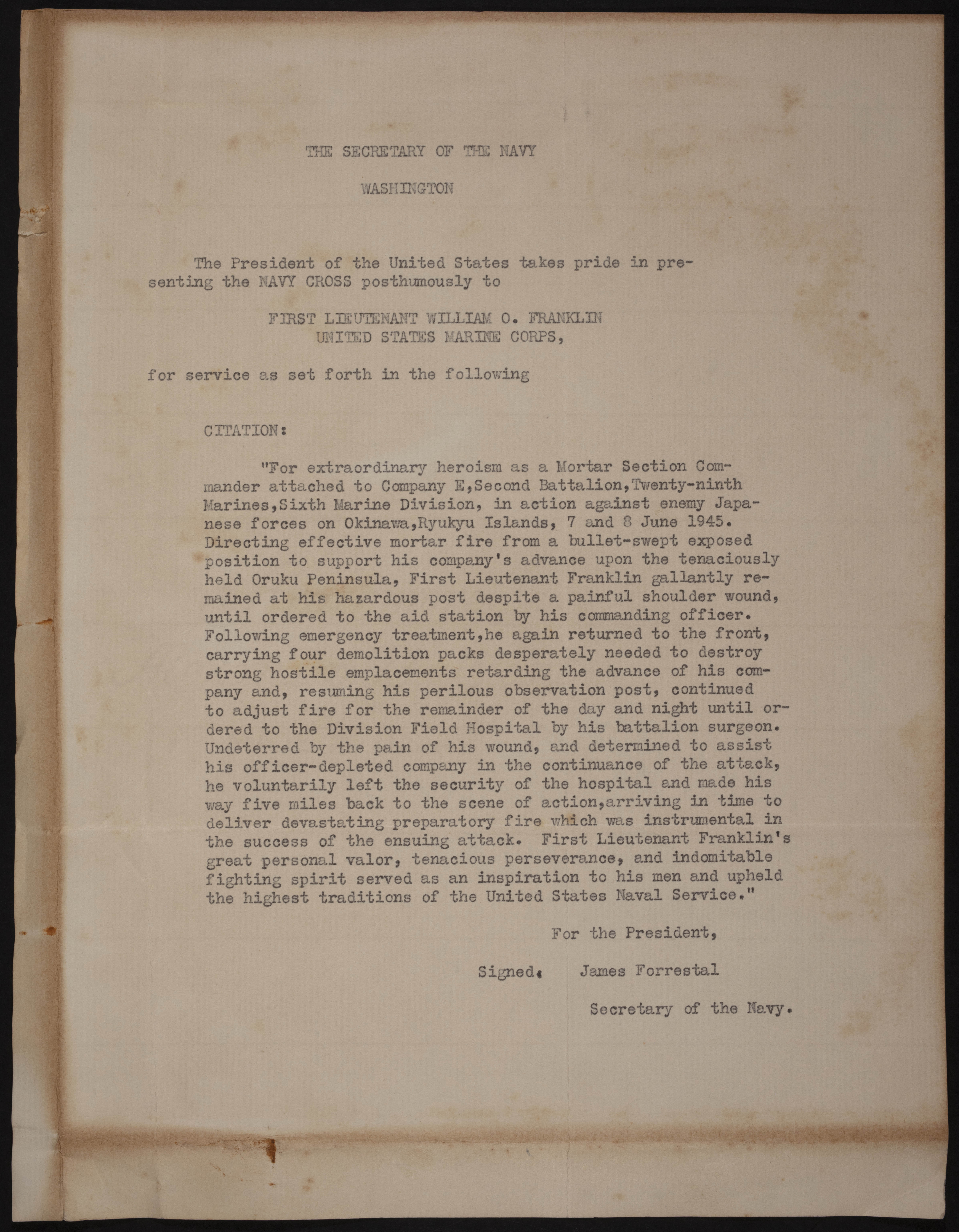 William Oliver Franklin Navy Cross Document