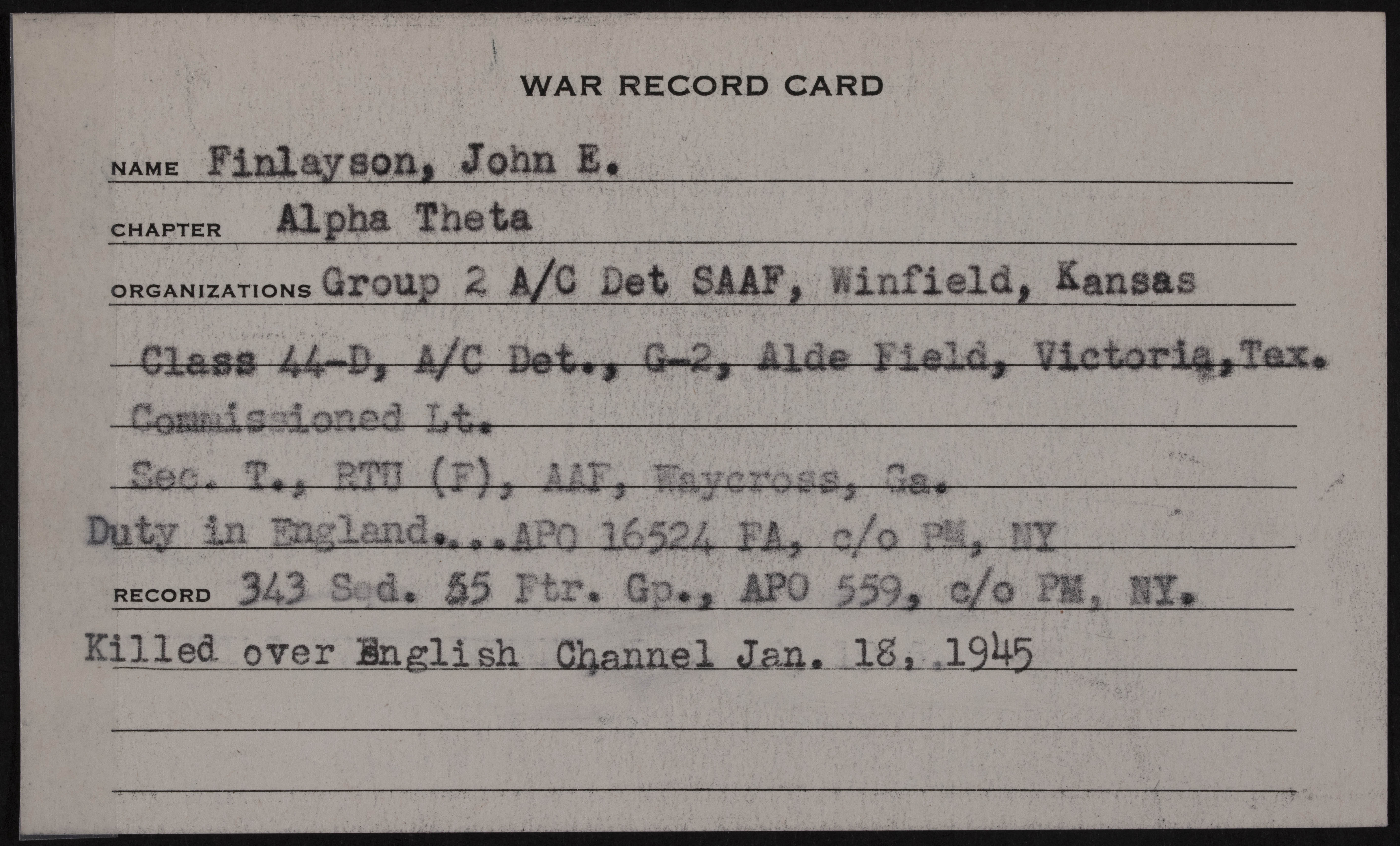 John Everal Finlayson War Record Card