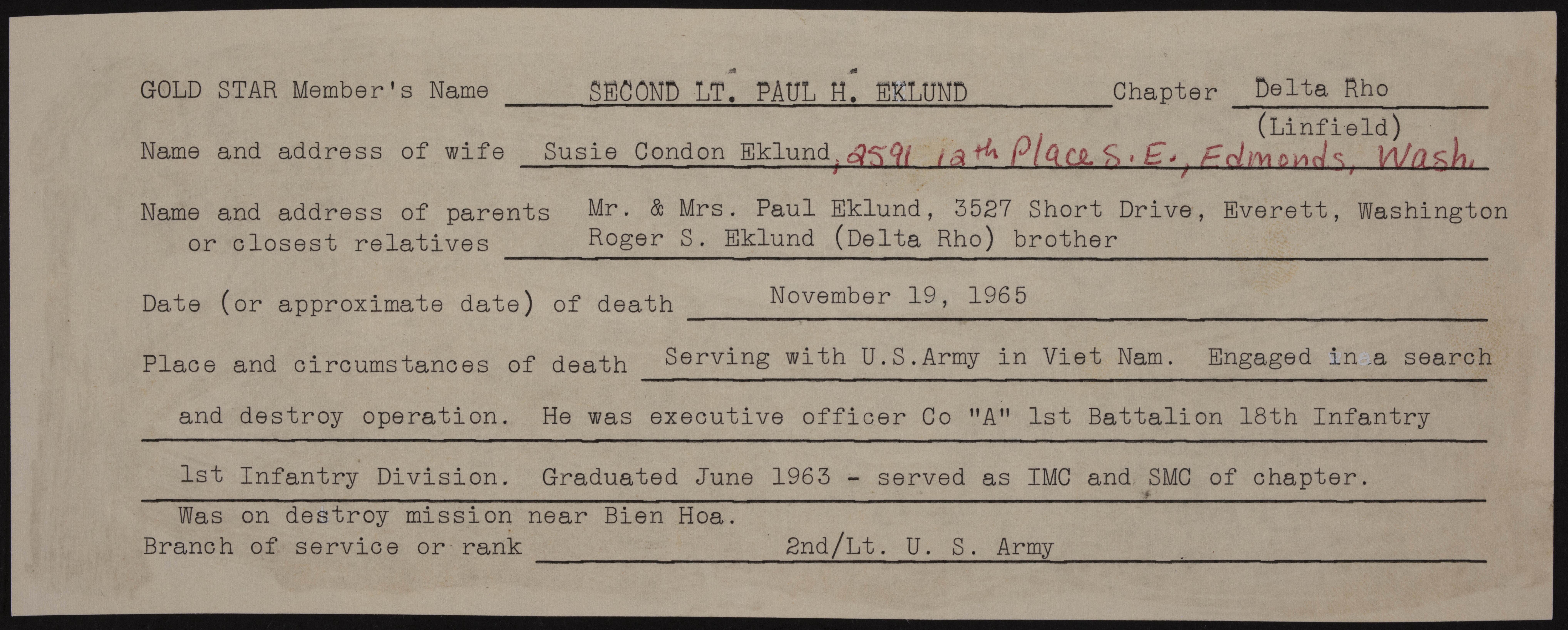 Paul Herbert Eklund War Record Form