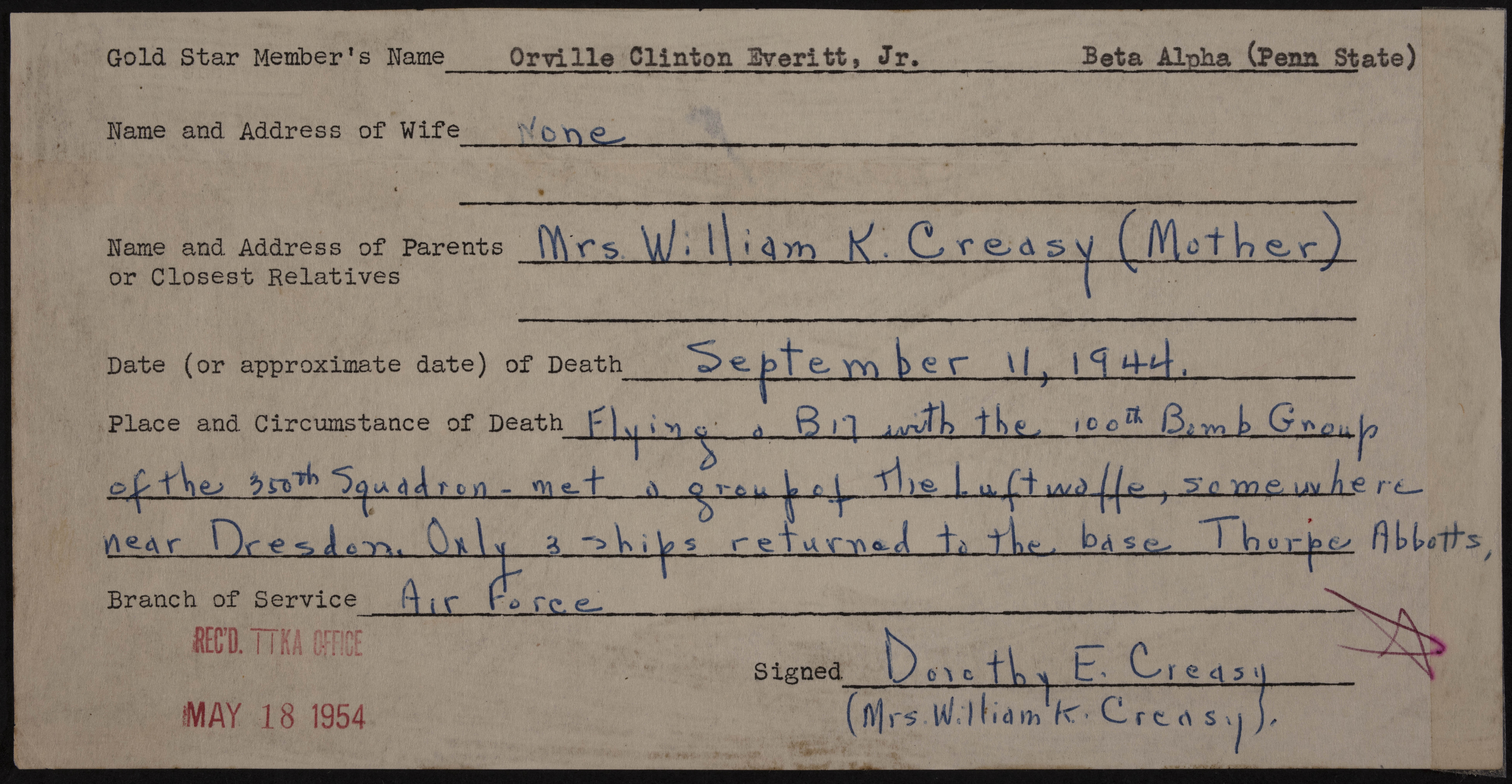 Orville Clinton Everitt Jr. War Record Form, May 18, 1954