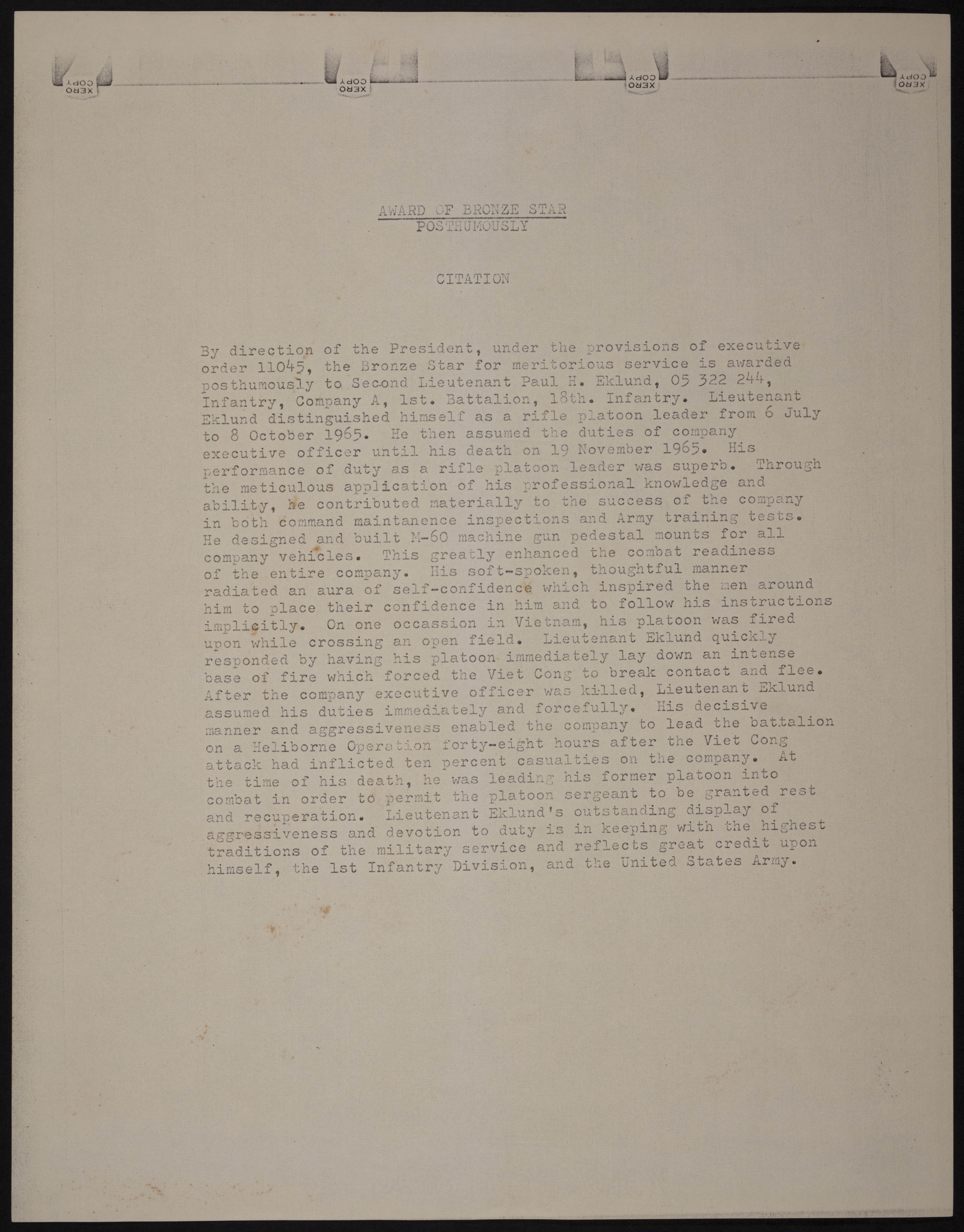 Paul Herbert Eklund Award of Bronze Star Document