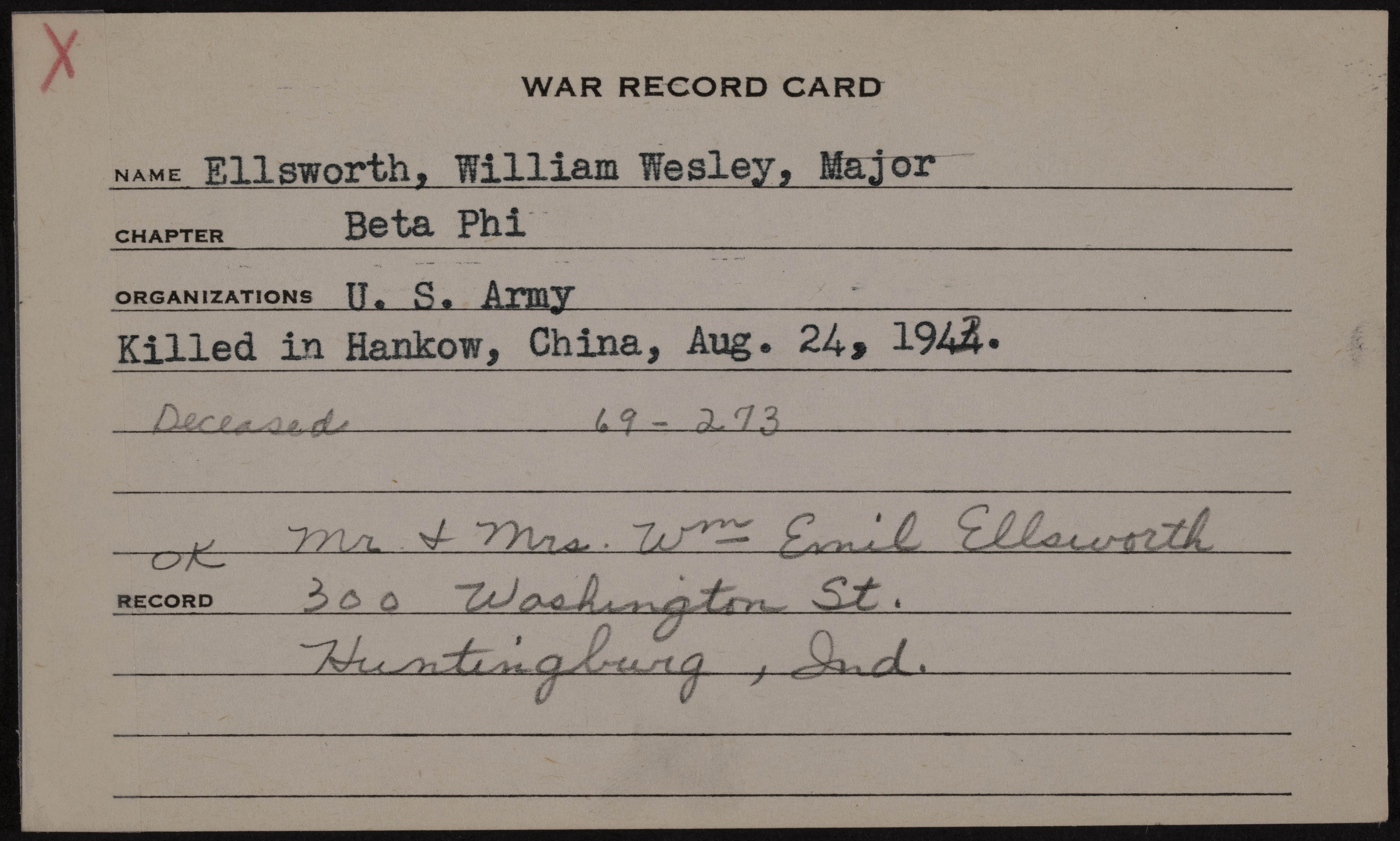 William Wesley Ellsworth War Record Card