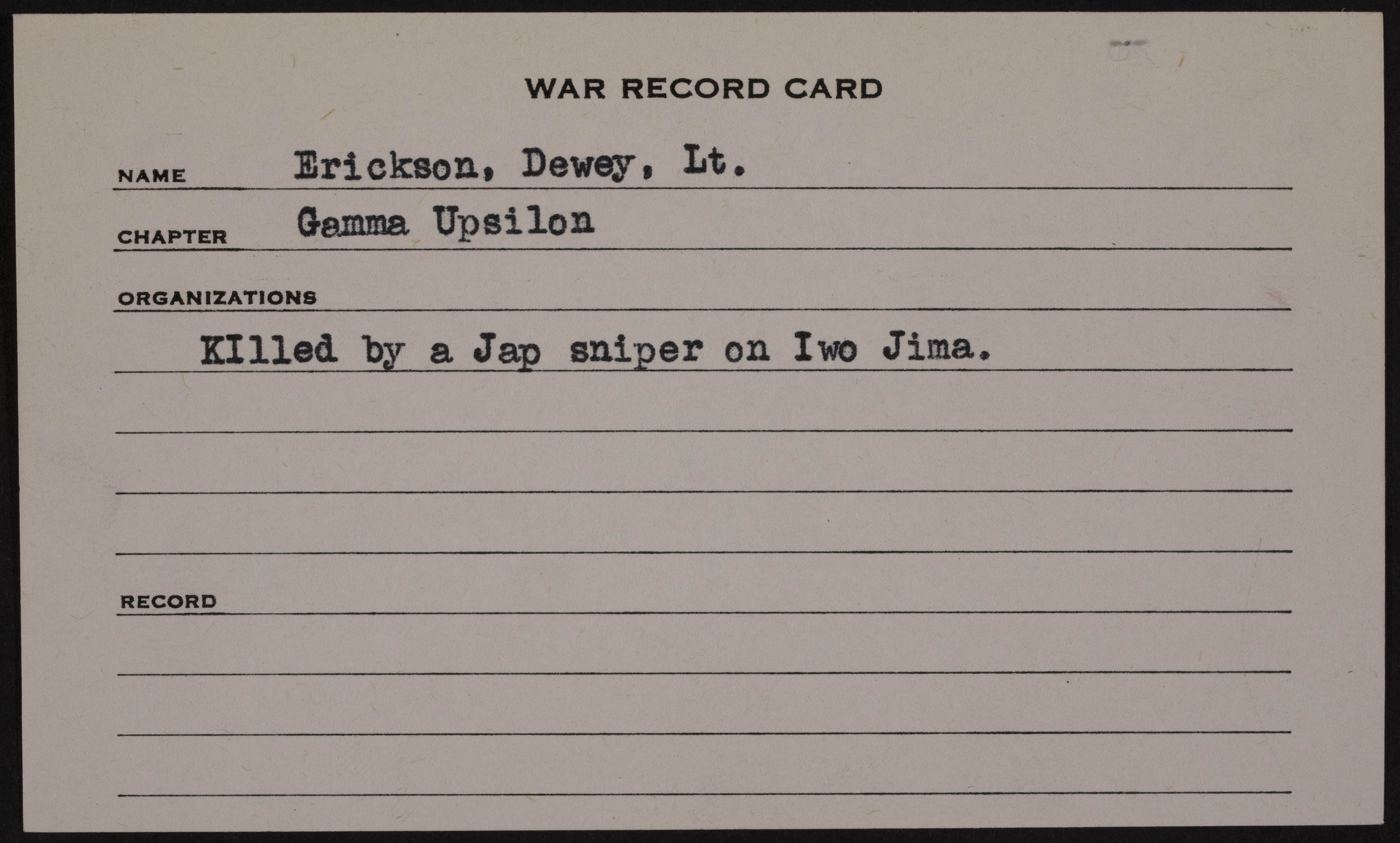 Dewey A. Erickson War Record Card