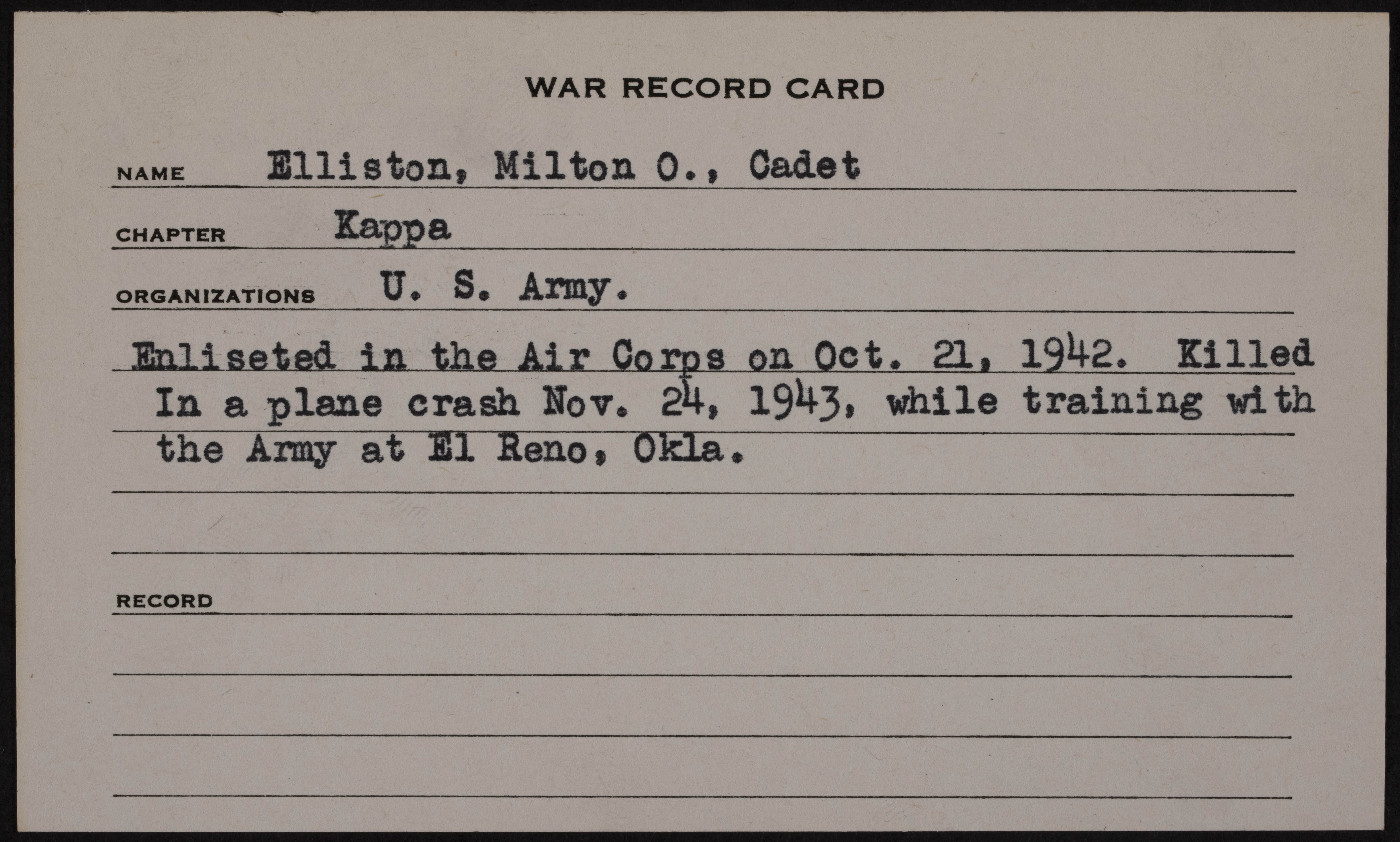 Milton Owen Elliston Jr. War Record Card