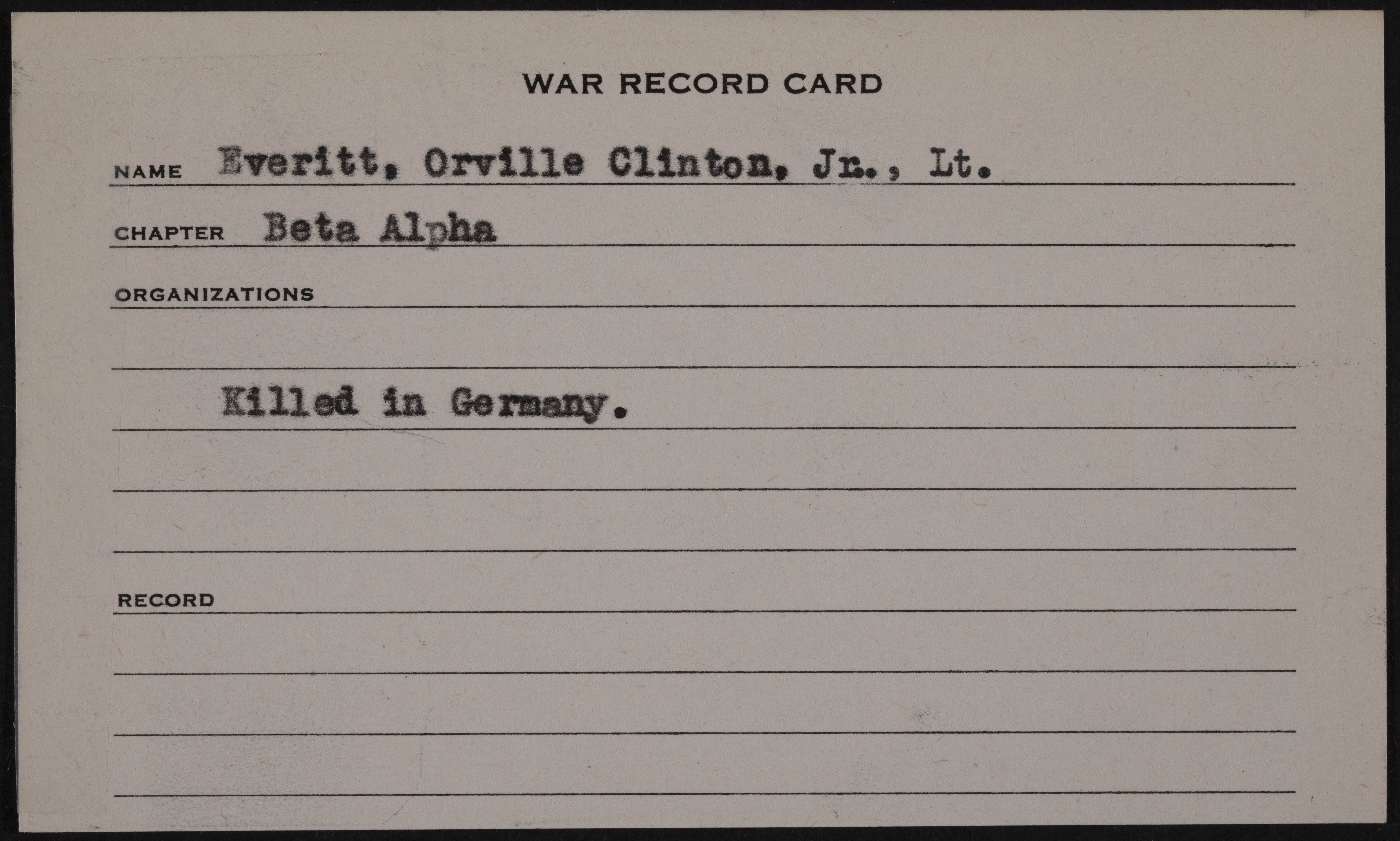 Orville Clinton Everitt Jr. War Record Card