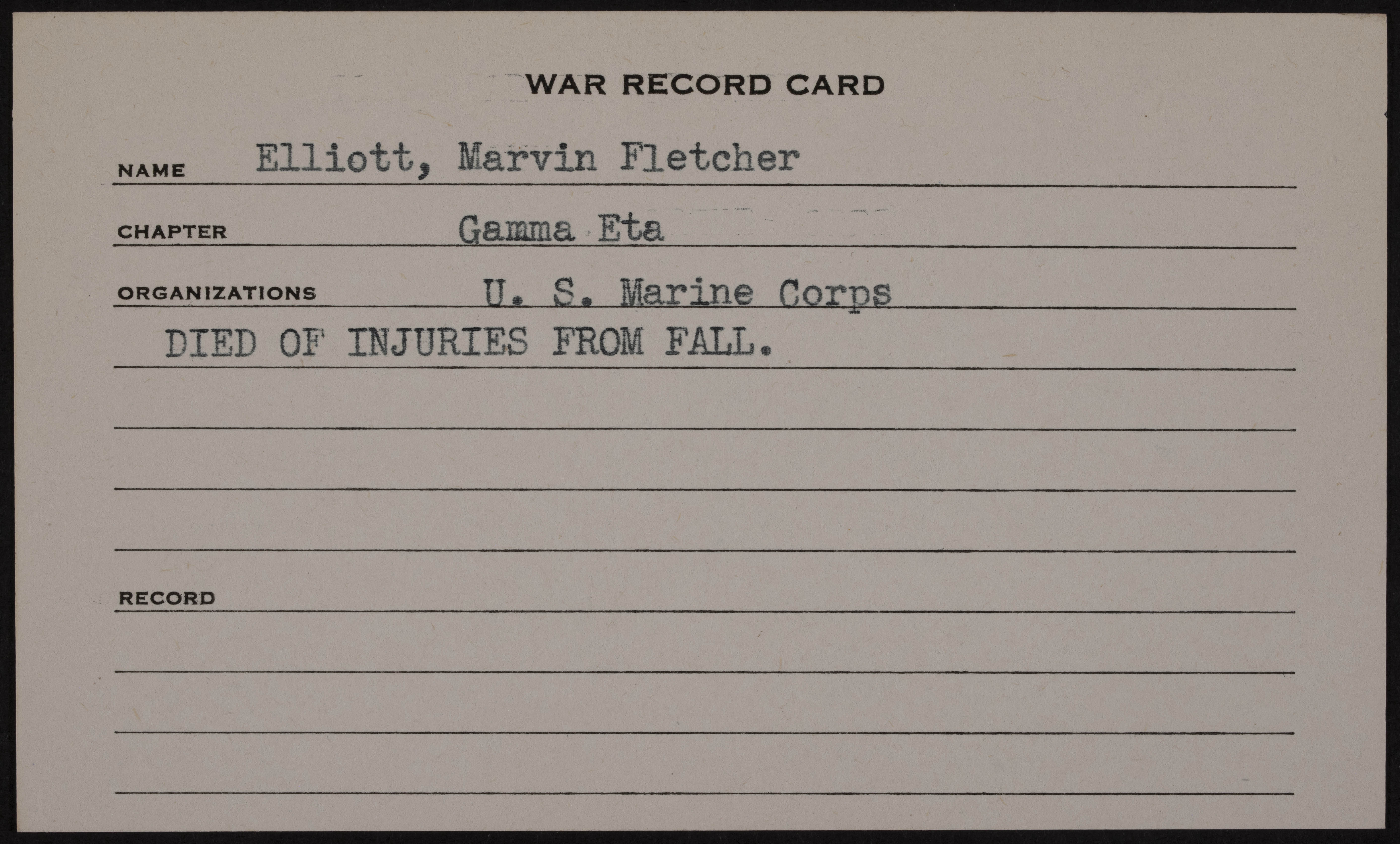 Marvin Fletcher Elliott Jr. War Record Card