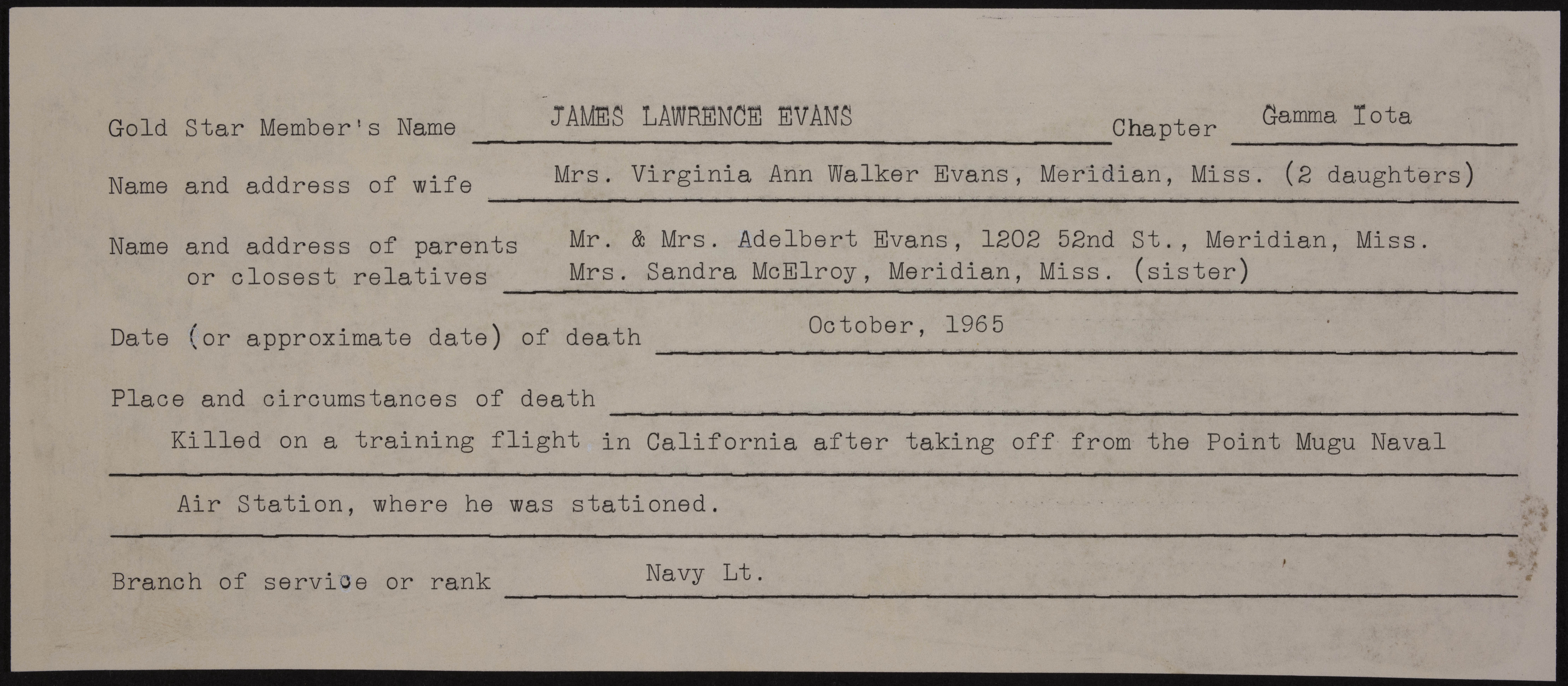 James Lawrence Evans War Record Form