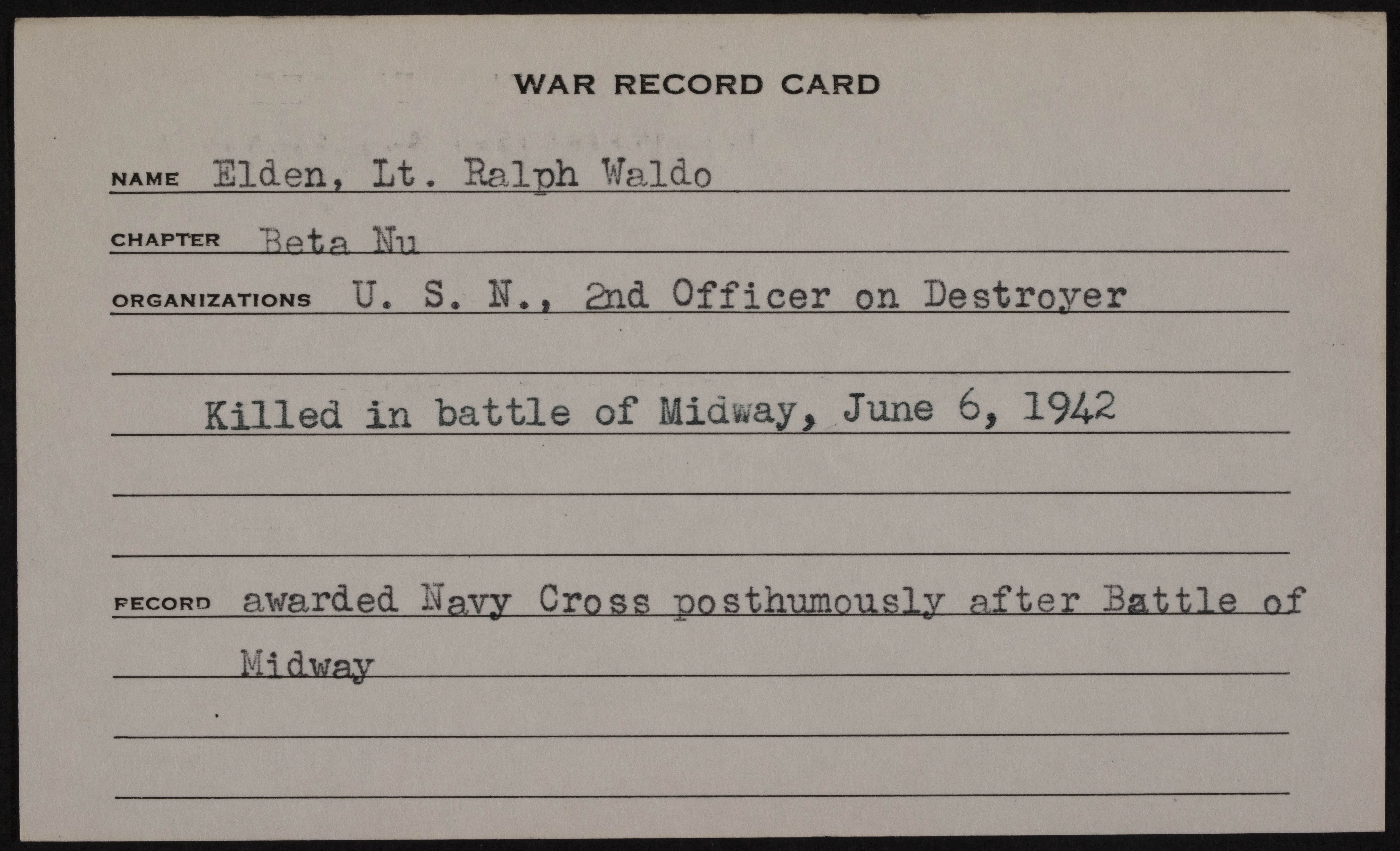 Ralph Waldo Elden War Record Card