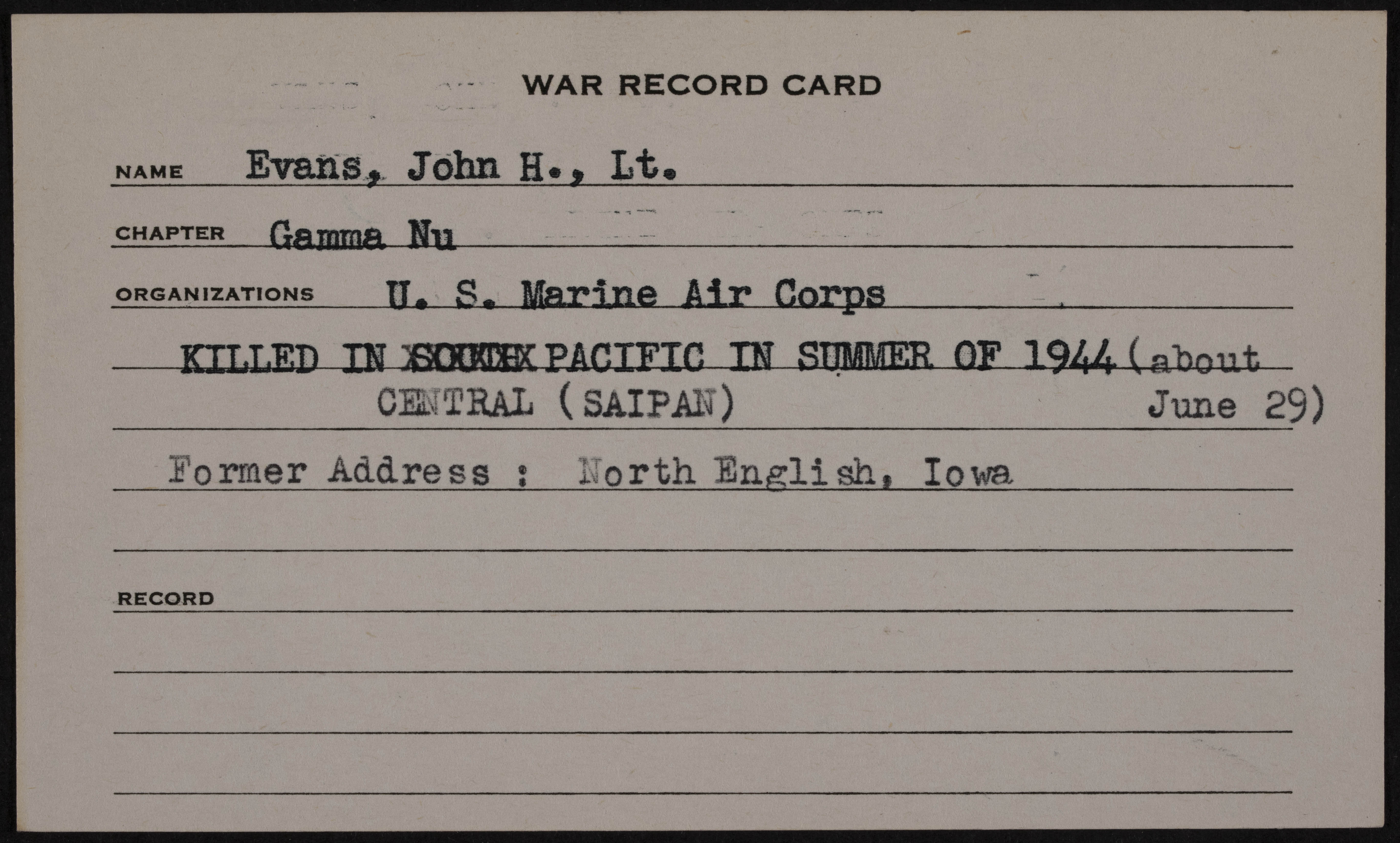 John Hakes Evans War Record Card
