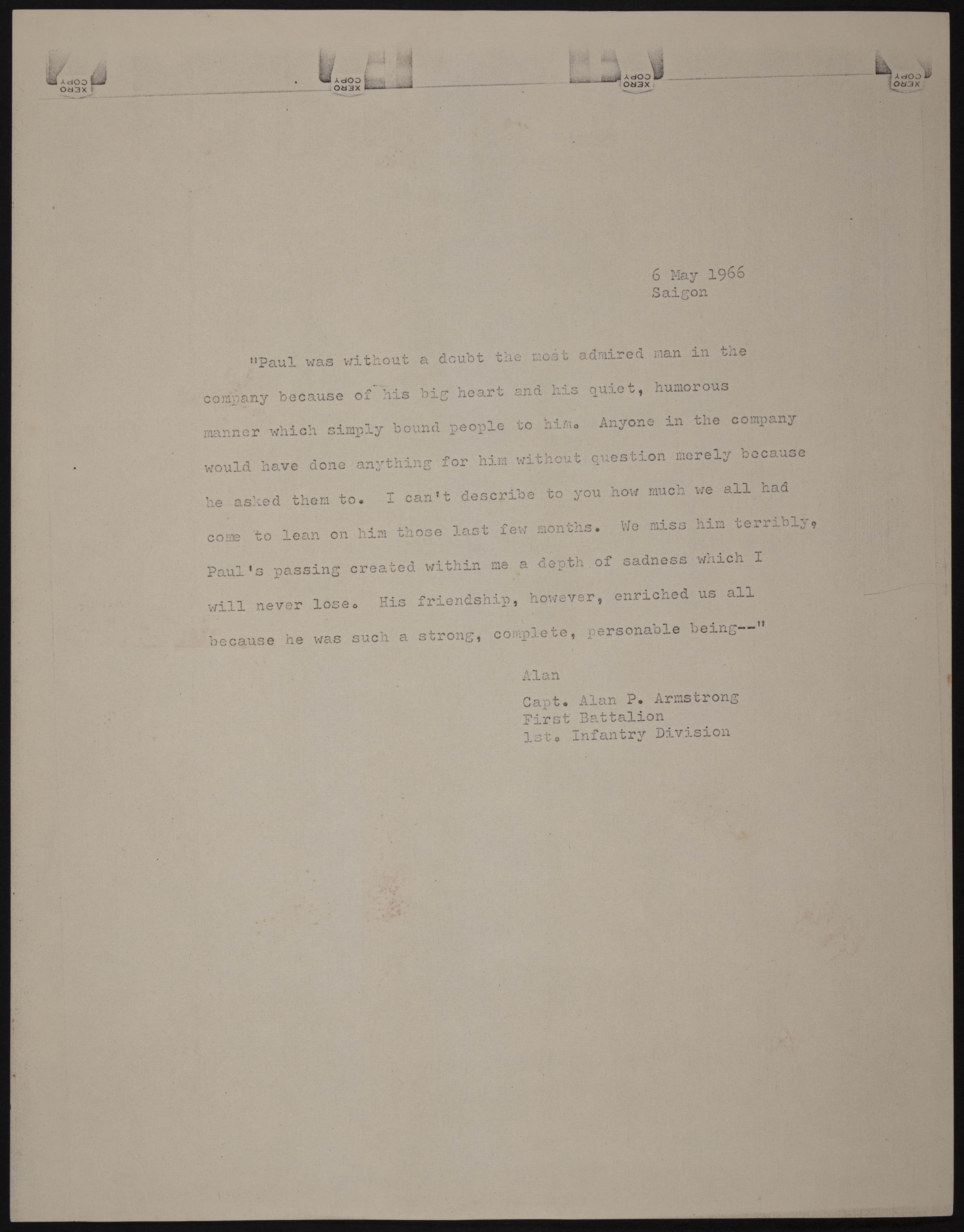 Captain Alan P. Armstrong's Testimonial of Paul Herbert Eklund Document, May 6, 1966