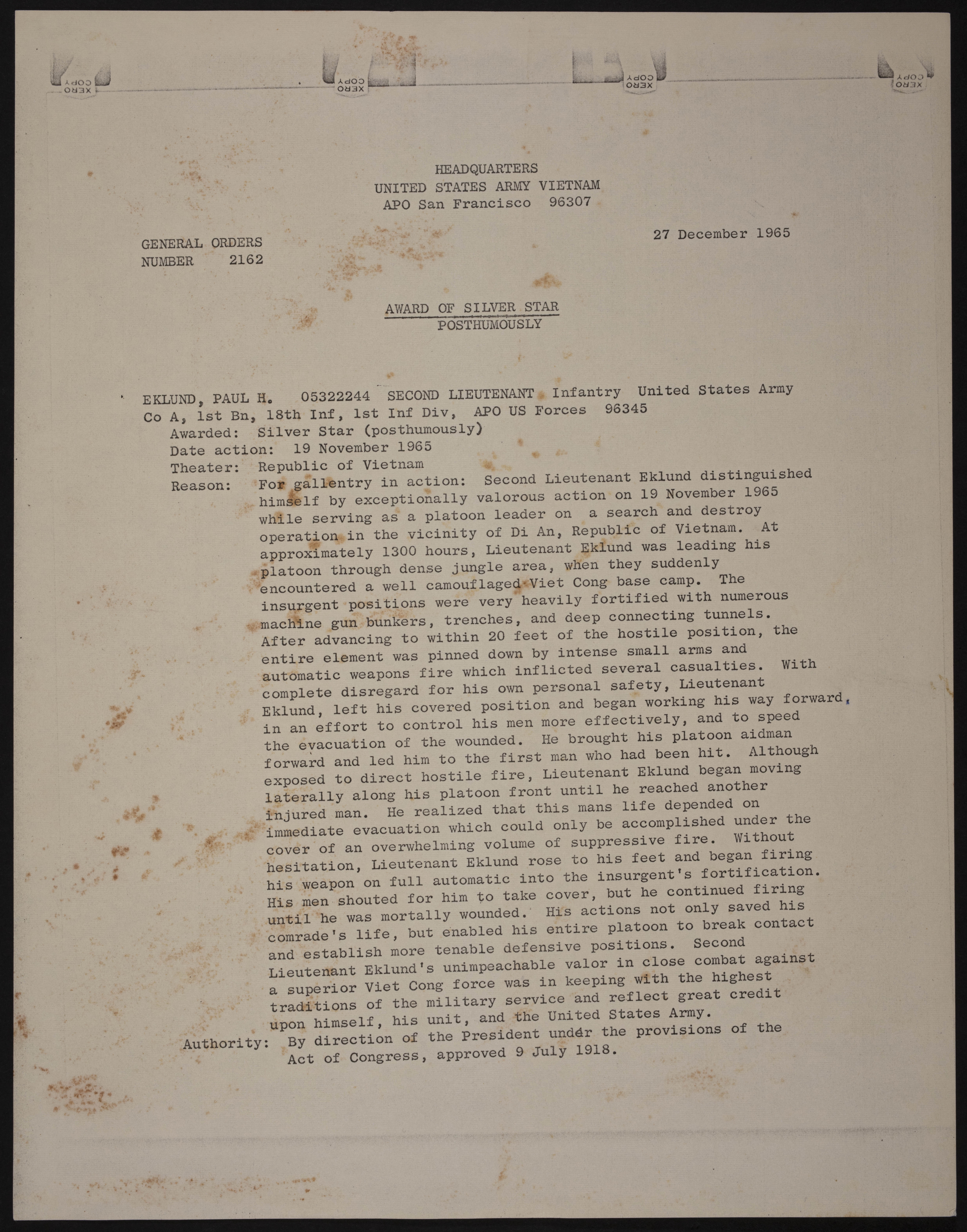 Paul Herbert Eklund Award of Silver Star Document, December 27, 1965