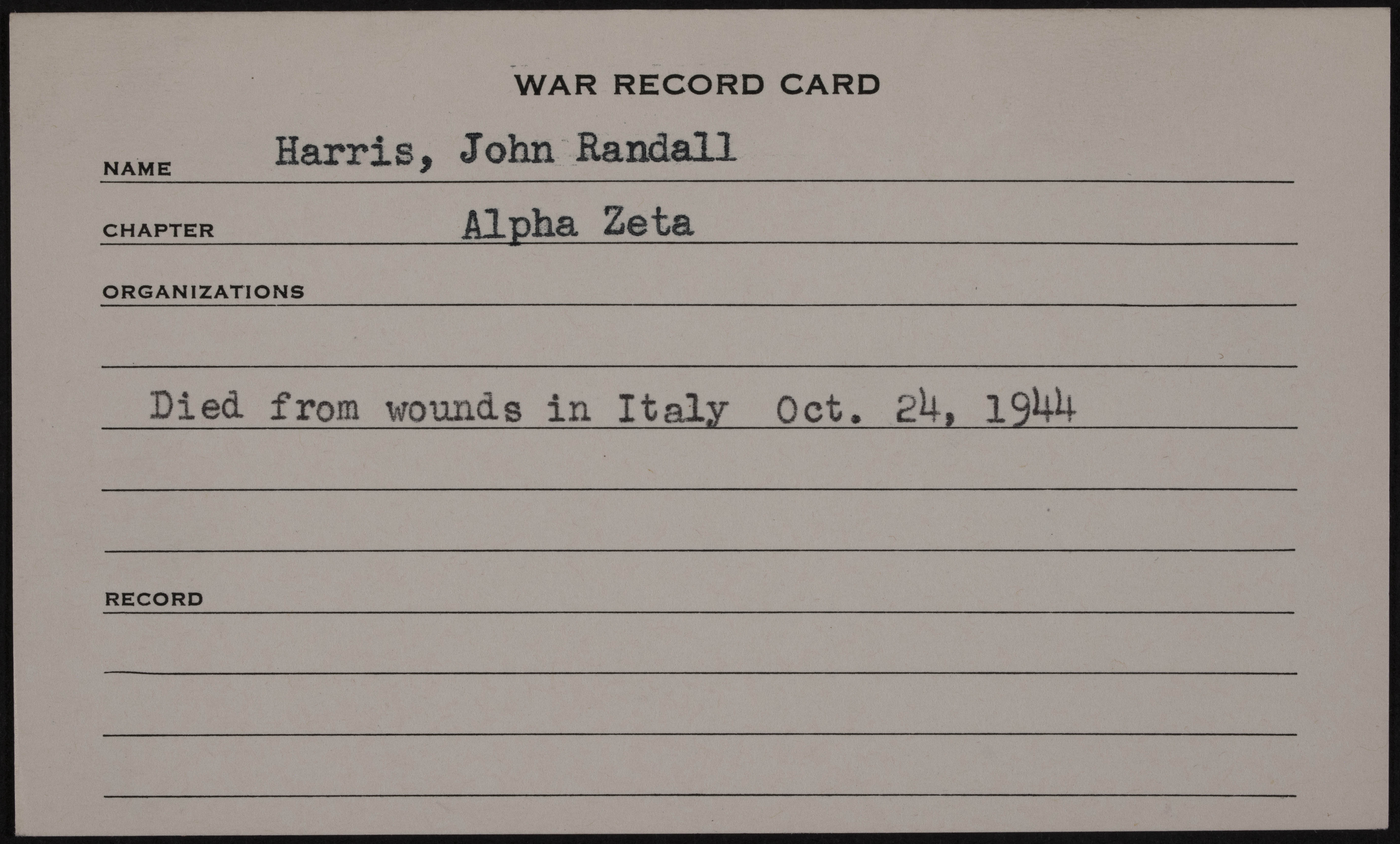 John Randall Harris War Record Card